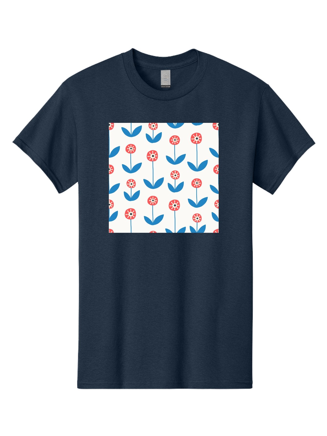 Floral-Pattern-15 Men'S Graphic Tee, 100% Cotton, Comfortable Casual Summer Wear, Machine Washable, Repeating Floral Pattern, Red Flowers With White Details, Blue Leaves And Stems, Simple Design, Minimalist Style, Seamless Repeat, Aab708 7