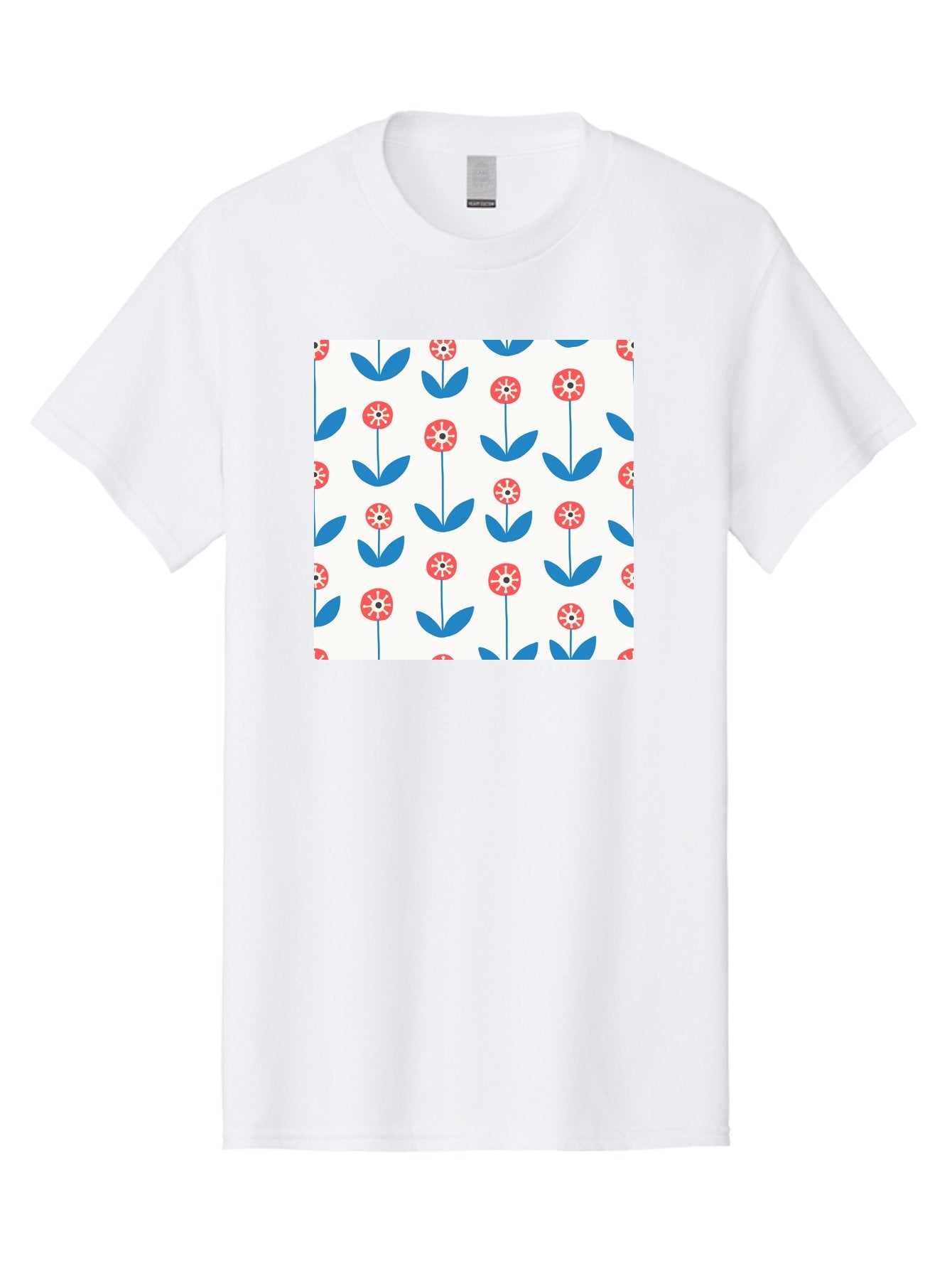 Floral-Pattern-15 Men'S Graphic Tee, 100% Cotton, Comfortable Casual Summer Wear, Machine Washable, Repeating Floral Pattern, Red Flowers With White Details, Blue Leaves And Stems, Simple Design, Minimalist Style, Seamless Repeat, Aab708 3