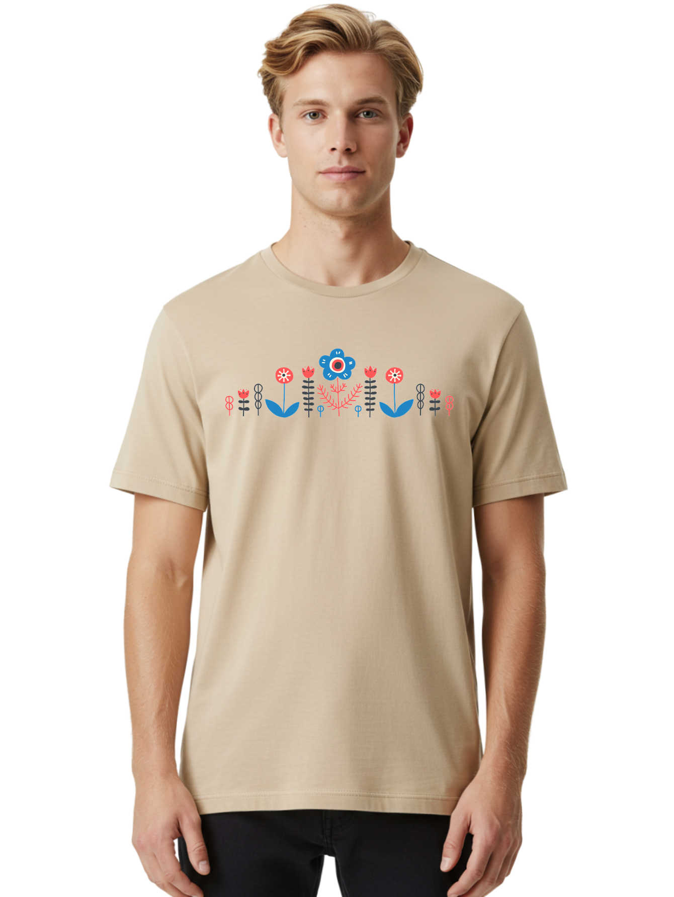 Floral-Pattern-17 Men'S Graphic Tee, 100% Cotton, Comfortable Casual Summer Wear, Machine Washable, Colorful Floral Design, Stylized Flowers, Blue And Red Blooms, Abstract Foliage, Vibrant Floral Arrangement, Folk Art Inspiration, Aab710 22