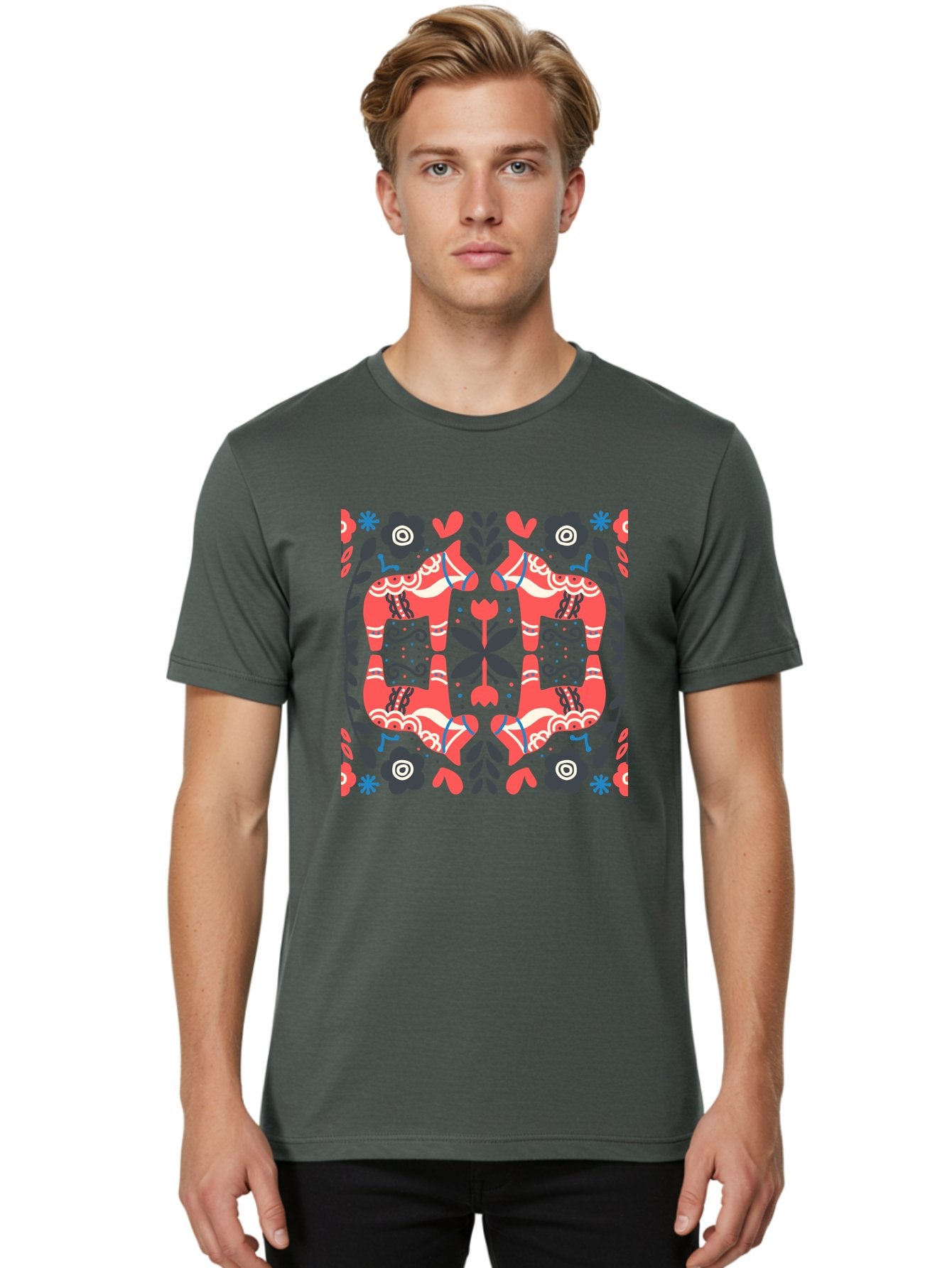 Floral-Pattern-2 Men'S Graphic Tee, 100% Cotton, Comfortable Casual Summer Wear, Machine Washable, Floral Designs, Geometric Shapes, Abstract Art, Black Flowers, Red And White Accents, Blue Details, Decorative Pattern, Symmetrical Design, Aab712 22