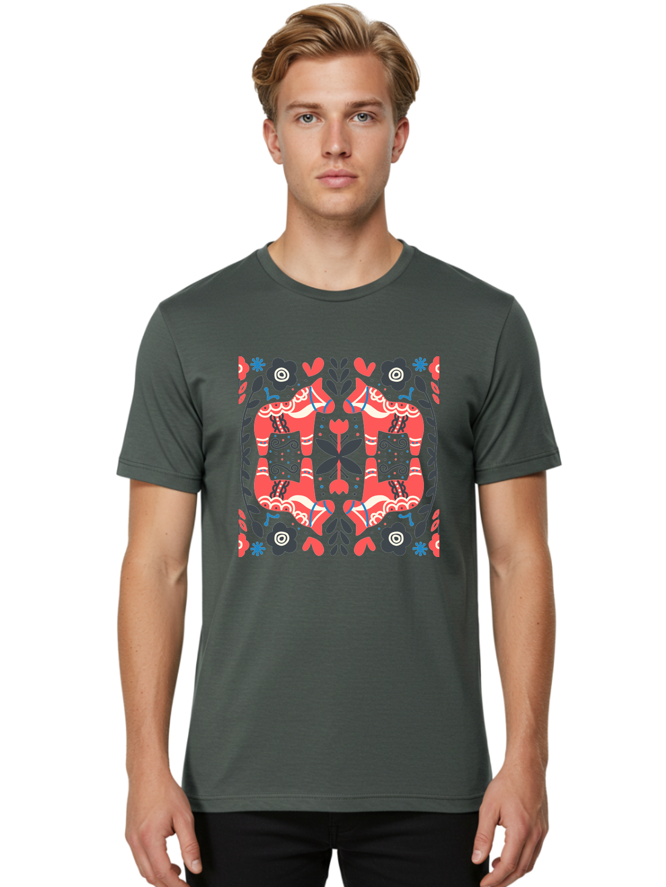 Floral-Pattern-2 Men'S Graphic Tee, 100% Cotton, Comfortable Casual Summer Wear, Machine Washable, Floral Designs, Geometric Shapes, Abstract Art, Black Flowers, Red And White Accents, Blue Details, Decorative Pattern, Symmetrical Design, Aab712 18