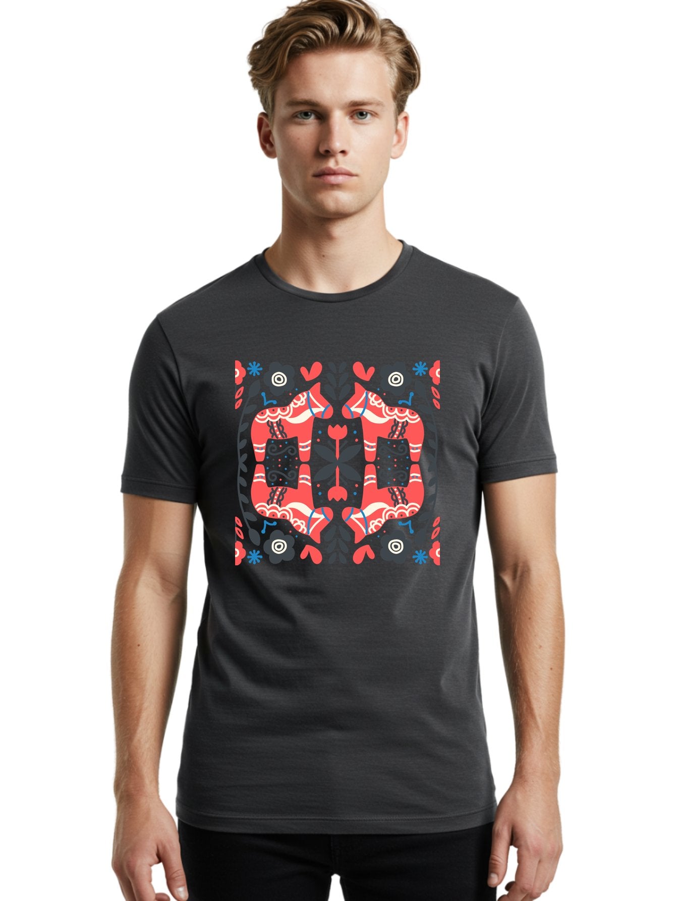 Floral-Pattern-2 Men'S Graphic Tee, 100% Cotton, Comfortable Casual Summer Wear, Machine Washable, Floral Designs, Geometric Shapes, Abstract Art, Black Flowers, Red And White Accents, Blue Details, Decorative Pattern, Symmetrical Design, Aab712 21