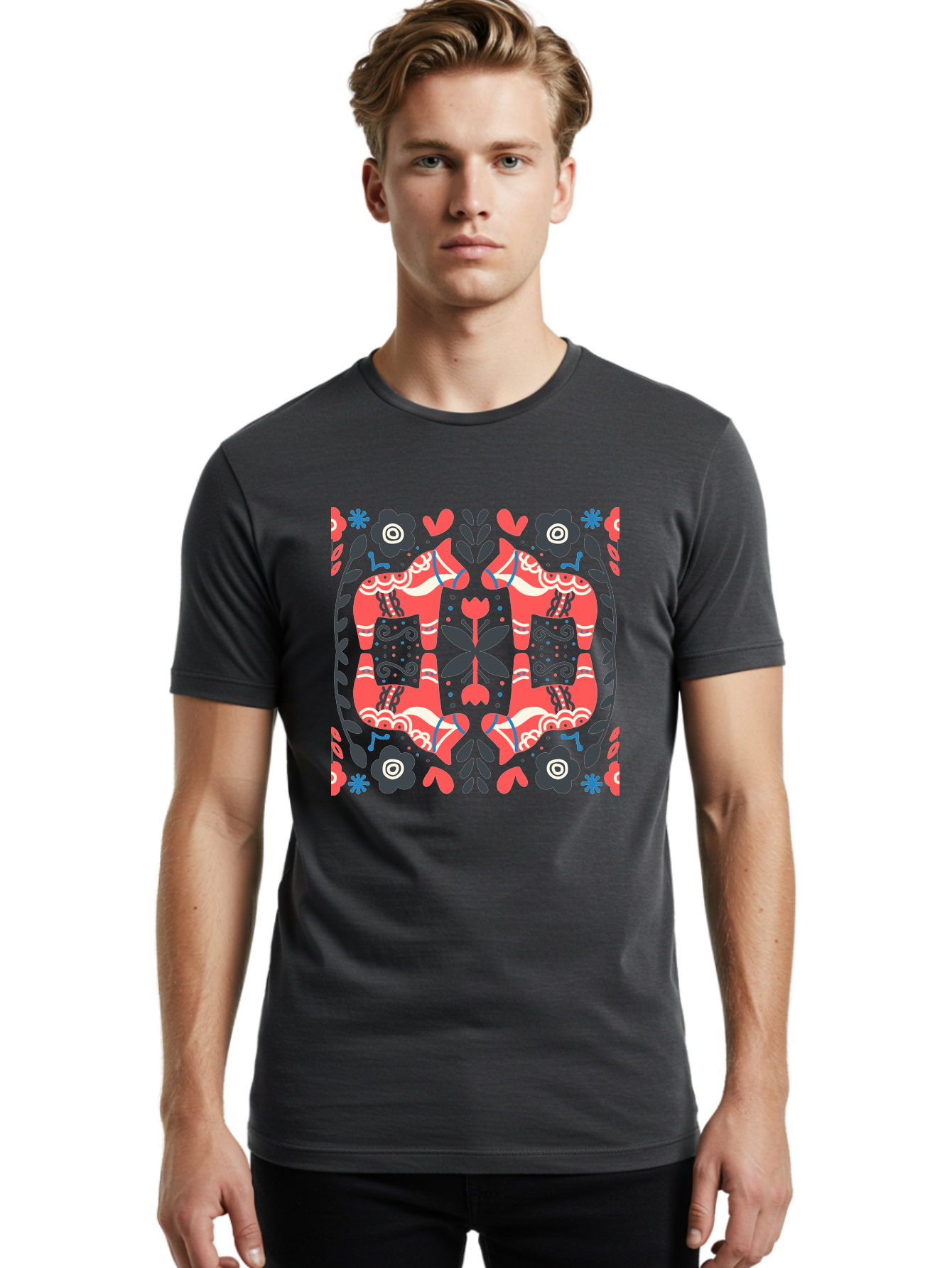 Floral-Pattern-2 Men'S Graphic Tee, 100% Cotton, Comfortable Casual Summer Wear, Machine Washable, Floral Designs, Geometric Shapes, Abstract Art, Black Flowers, Red And White Accents, Blue Details, Decorative Pattern, Symmetrical Design, Aab712 20