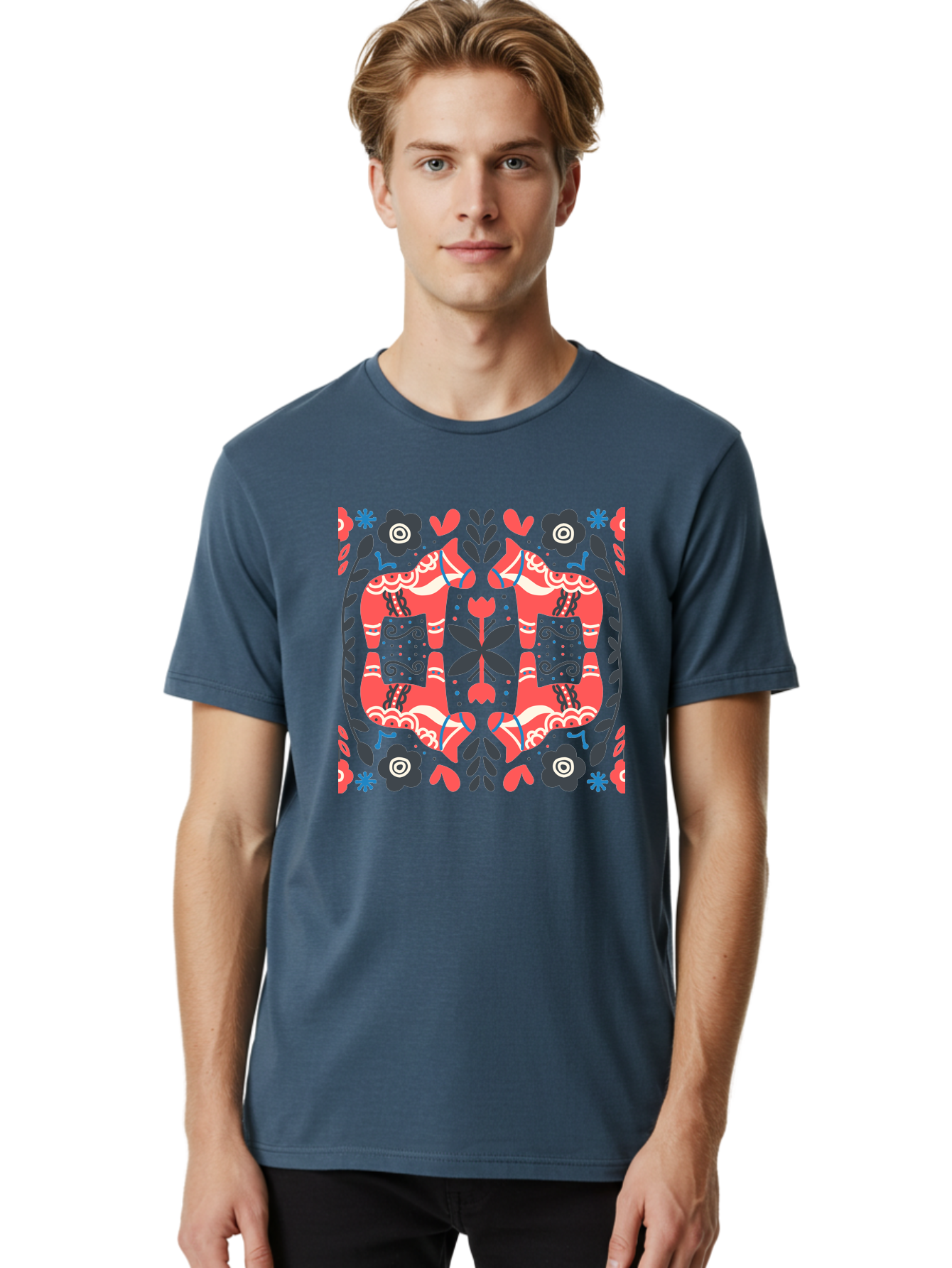 Floral-Pattern-2 Men'S Graphic Tee, 100% Cotton, Comfortable Casual Summer Wear, Machine Washable, Floral Designs, Geometric Shapes, Abstract Art, Black Flowers, Red And White Accents, Blue Details, Decorative Pattern, Symmetrical Design, Aab712 6
