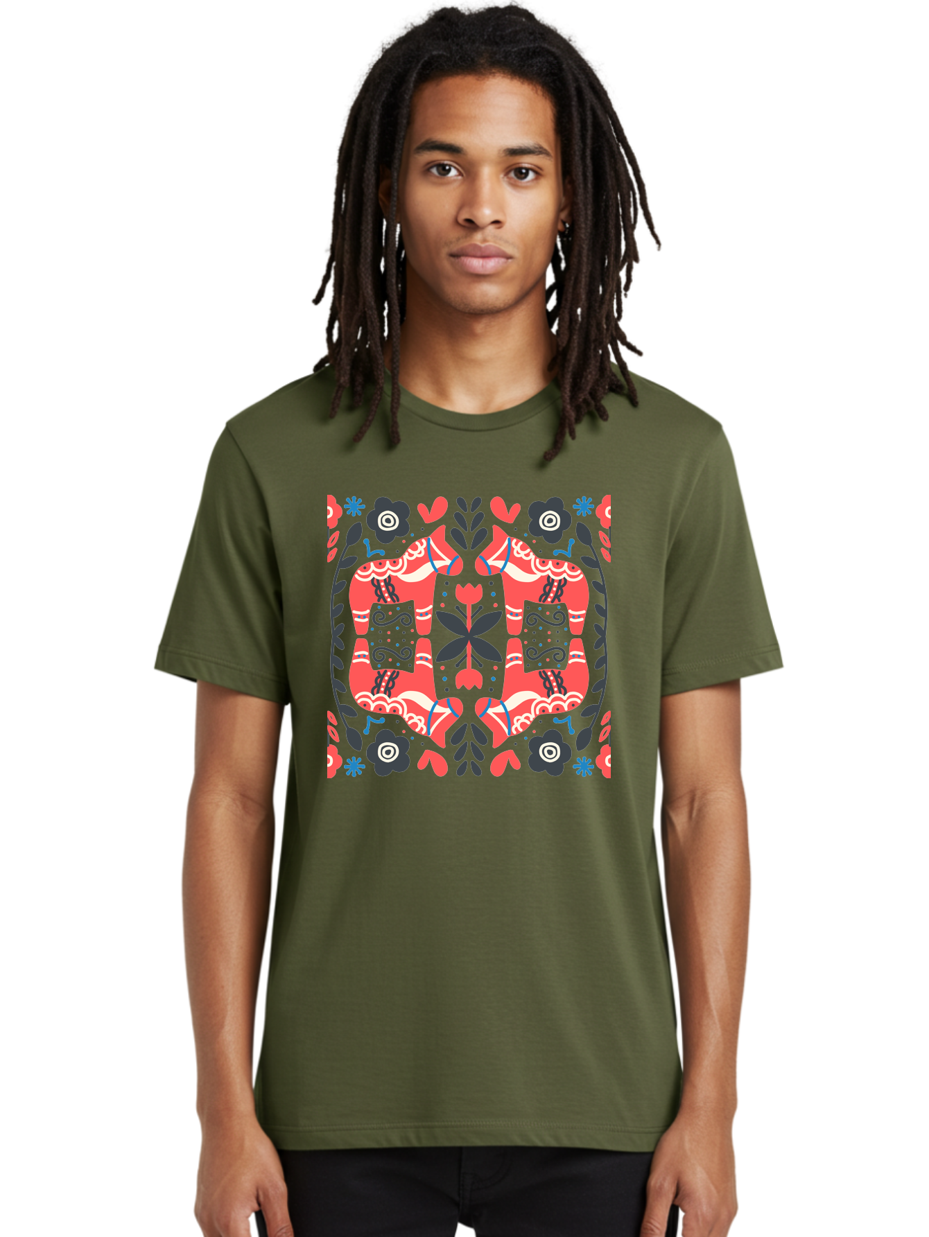 Floral-Pattern-2 Men'S Graphic Tee, 100% Cotton, Comfortable Casual Summer Wear, Machine Washable, Floral Designs, Geometric Shapes, Abstract Art, Black Flowers, Red And White Accents, Blue Details, Decorative Pattern, Symmetrical Design, Aab712 8