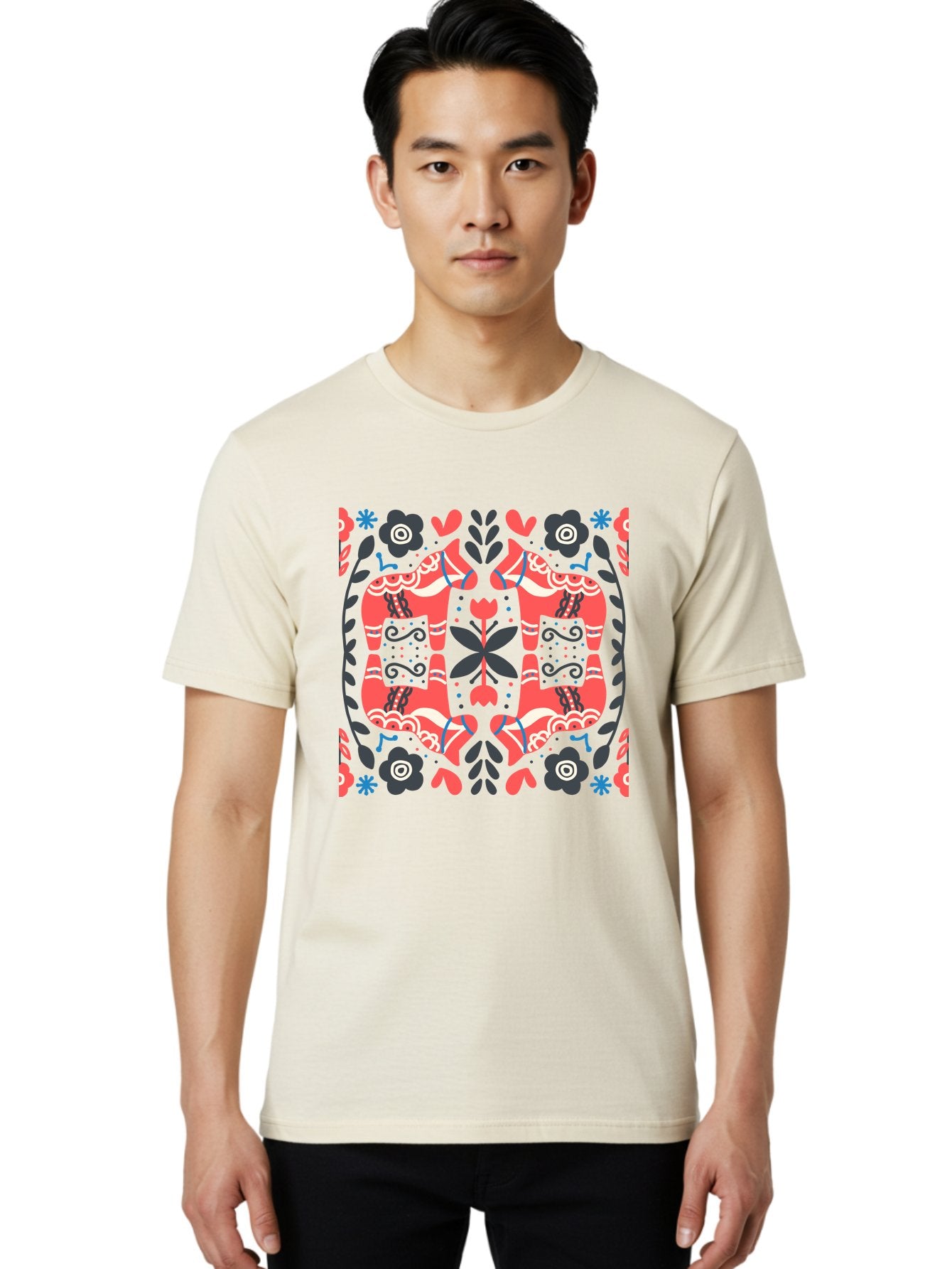 Floral-Pattern-2 Men'S Graphic Tee, 100% Cotton, Comfortable Casual Summer Wear, Machine Washable, Floral Designs, Geometric Shapes, Abstract Art, Black Flowers, Red And White Accents, Blue Details, Decorative Pattern, Symmetrical Design, Aab712 19