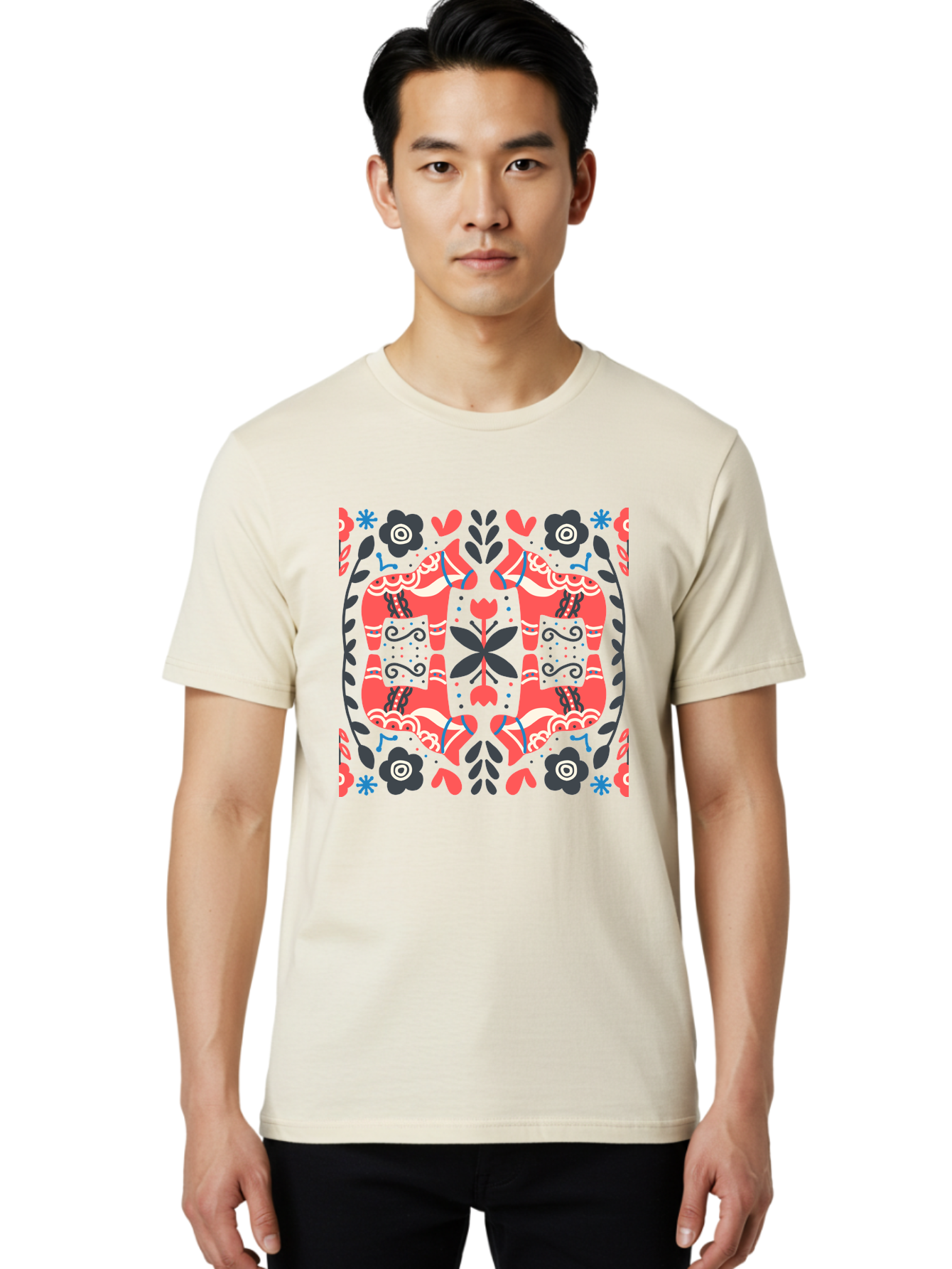 Floral-Pattern-2 Men'S Graphic Tee, 100% Cotton, Comfortable Casual Summer Wear, Machine Washable, Floral Designs, Geometric Shapes, Abstract Art, Black Flowers, Red And White Accents, Blue Details, Decorative Pattern, Symmetrical Design, Aab712 22