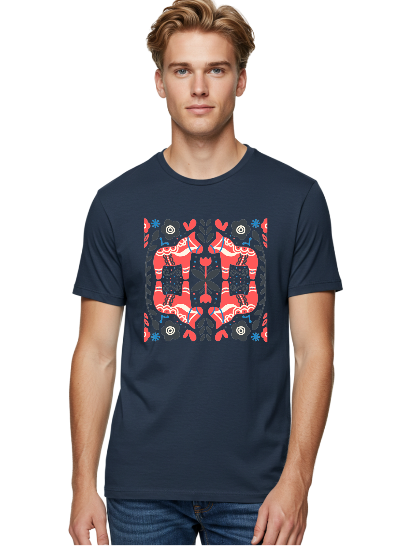 Floral-Pattern-2 Men'S Graphic Tee, 100% Cotton, Comfortable Casual Summer Wear, Machine Washable, Floral Designs, Geometric Shapes, Abstract Art, Black Flowers, Red And White Accents, Blue Details, Decorative Pattern, Symmetrical Design, Aab712 28