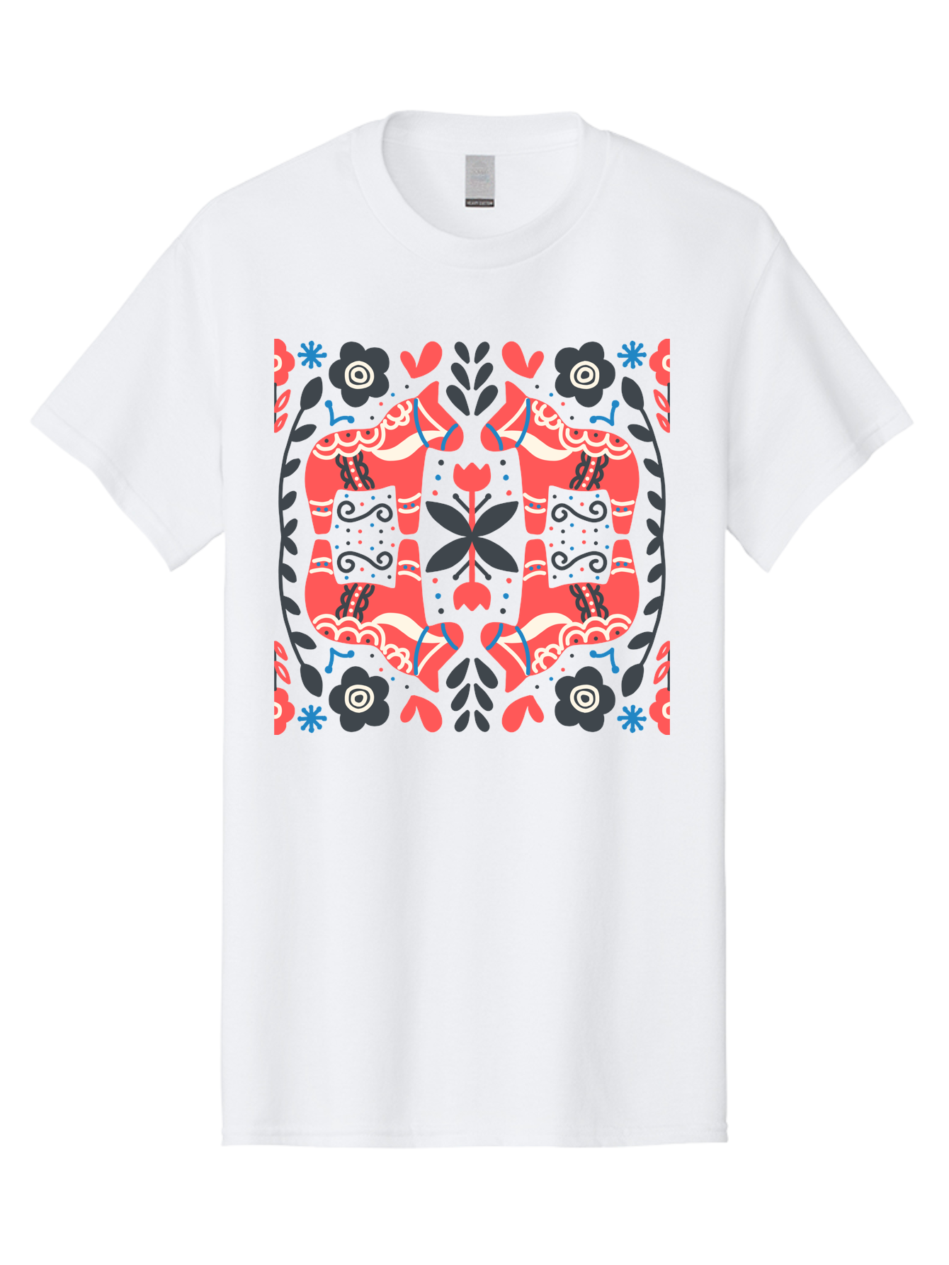Floral-Pattern-2 Men'S Graphic Tee, 100% Cotton, Comfortable Casual Summer Wear, Machine Washable, Floral Designs, Geometric Shapes, Abstract Art, Black Flowers, Red And White Accents, Blue Details, Decorative Pattern, Symmetrical Design, Aab712