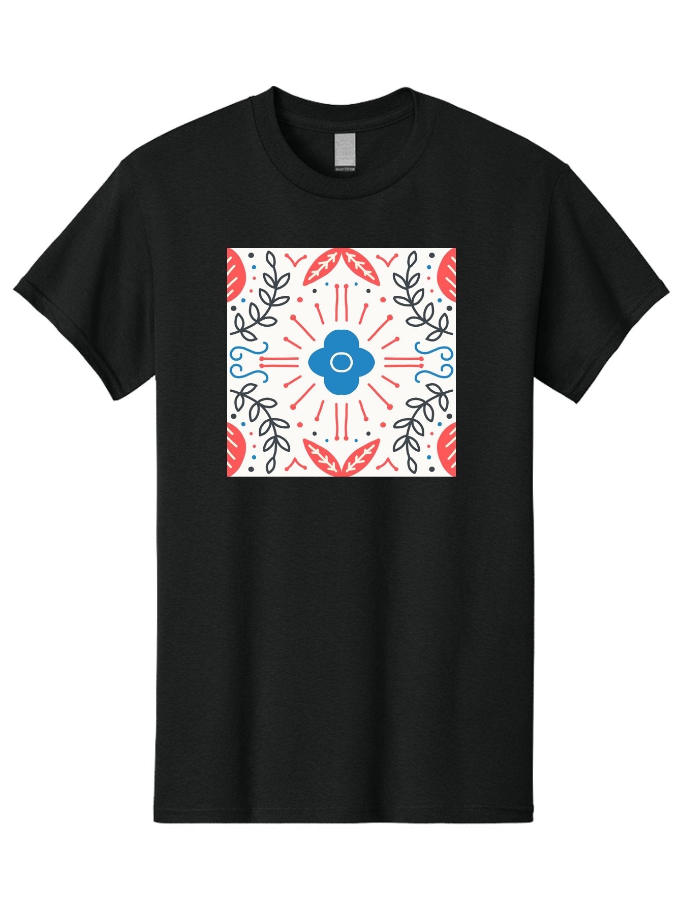 Floral-Pattern-3 Men'S Graphic Tee, 100% Cotton, Comfortable Casual Summer Wear, Machine Washable, Floral Design, Blue Flower, Red And Black Leaves, Abstract Pattern, Symmetrical Composition, Vintage Style, Decorative Elements, Aab713 4