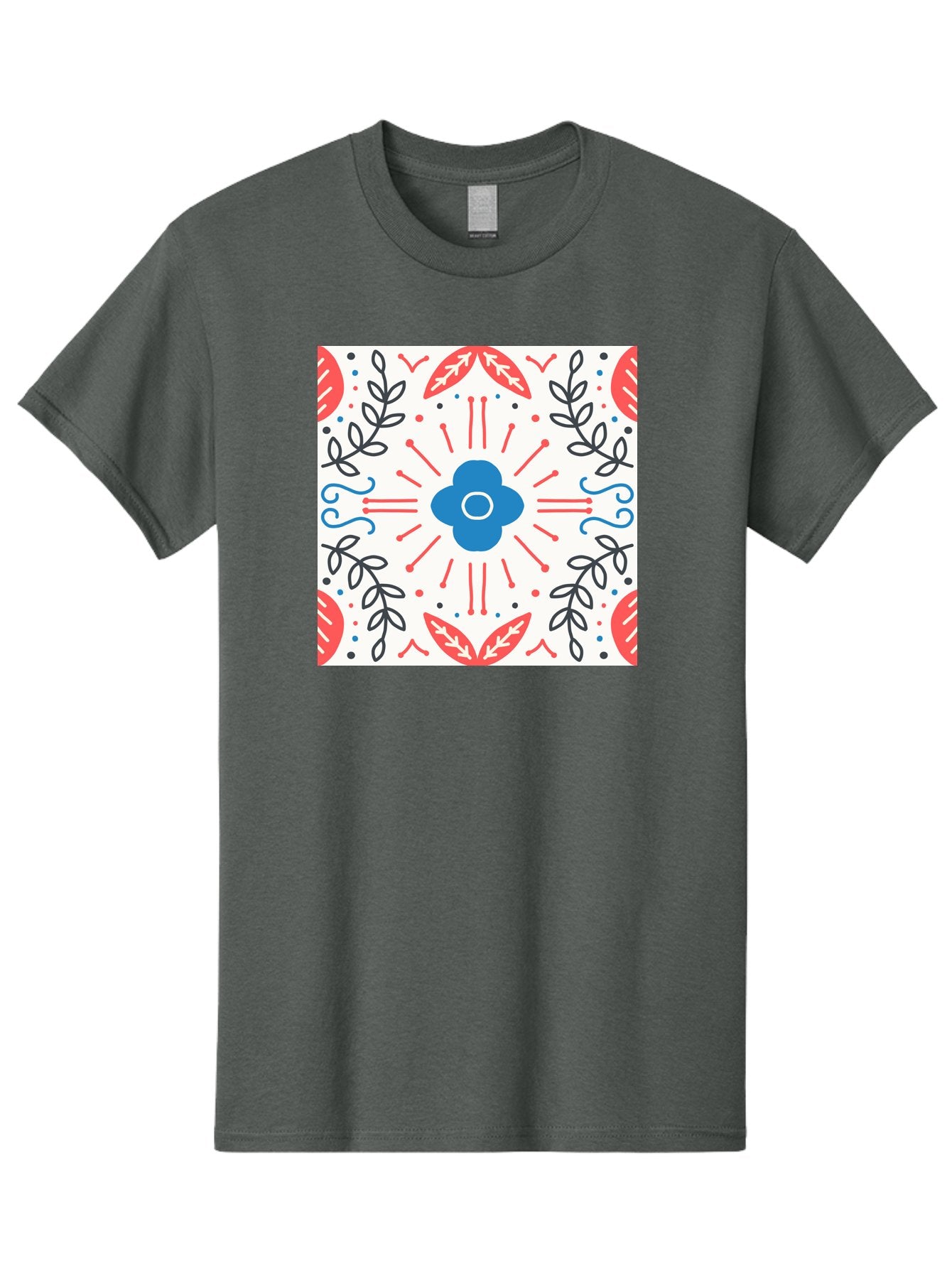 Floral-Pattern-3 Men'S Graphic Tee, 100% Cotton, Comfortable Casual Summer Wear, Machine Washable, Floral Design, Blue Flower, Red And Black Leaves, Abstract Pattern, Symmetrical Composition, Vintage Style, Decorative Elements, Aab713 8