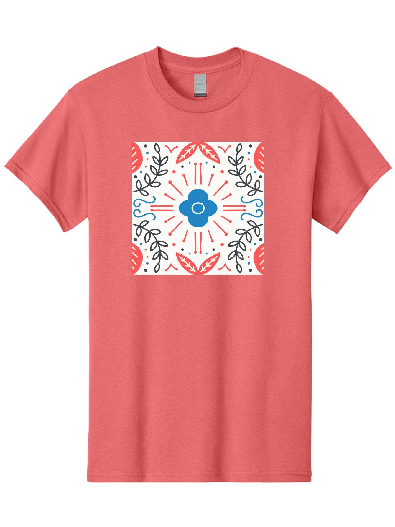 Floral-Pattern-3 Men'S Graphic Tee, 100% Cotton, Comfortable Casual Summer Wear, Machine Washable, Floral Design, Blue Flower, Red And Black Leaves, Abstract Pattern, Symmetrical Composition, Vintage Style, Decorative Elements, Aab713 13
