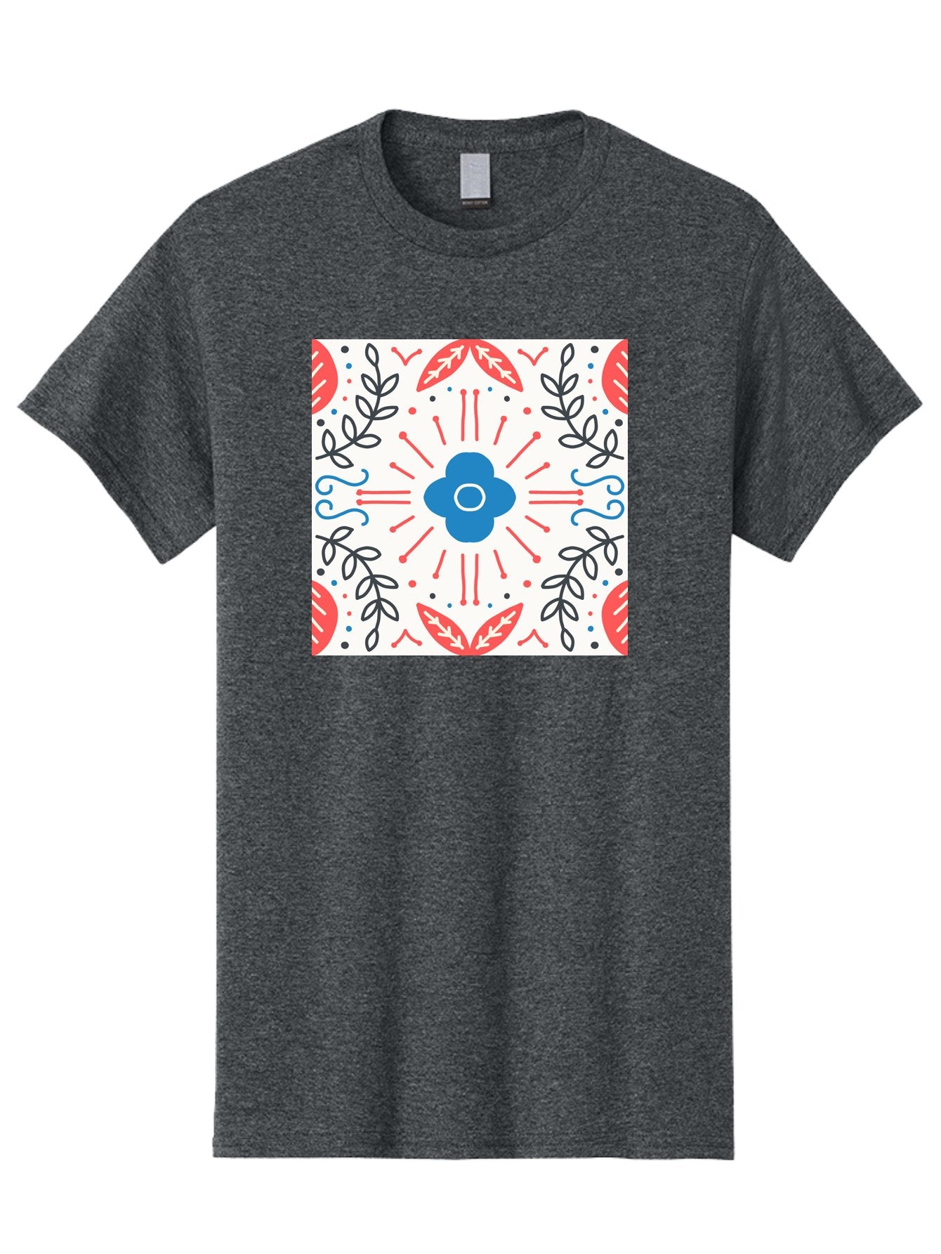 Floral-Pattern-3 Men'S Graphic Tee, 100% Cotton, Comfortable Casual Summer Wear, Machine Washable, Floral Design, Blue Flower, Red And Black Leaves, Abstract Pattern, Symmetrical Composition, Vintage Style, Decorative Elements, Aab713 15