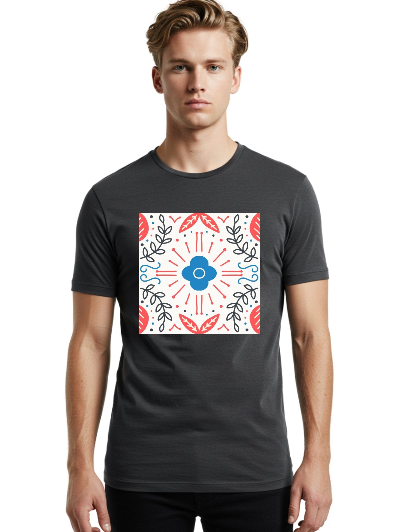 Floral-Pattern-3 Men'S Graphic Tee, 100% Cotton, Comfortable Casual Summer Wear, Machine Washable, Floral Design, Blue Flower, Red And Black Leaves, Abstract Pattern, Symmetrical Composition, Vintage Style, Decorative Elements, Aab713 30