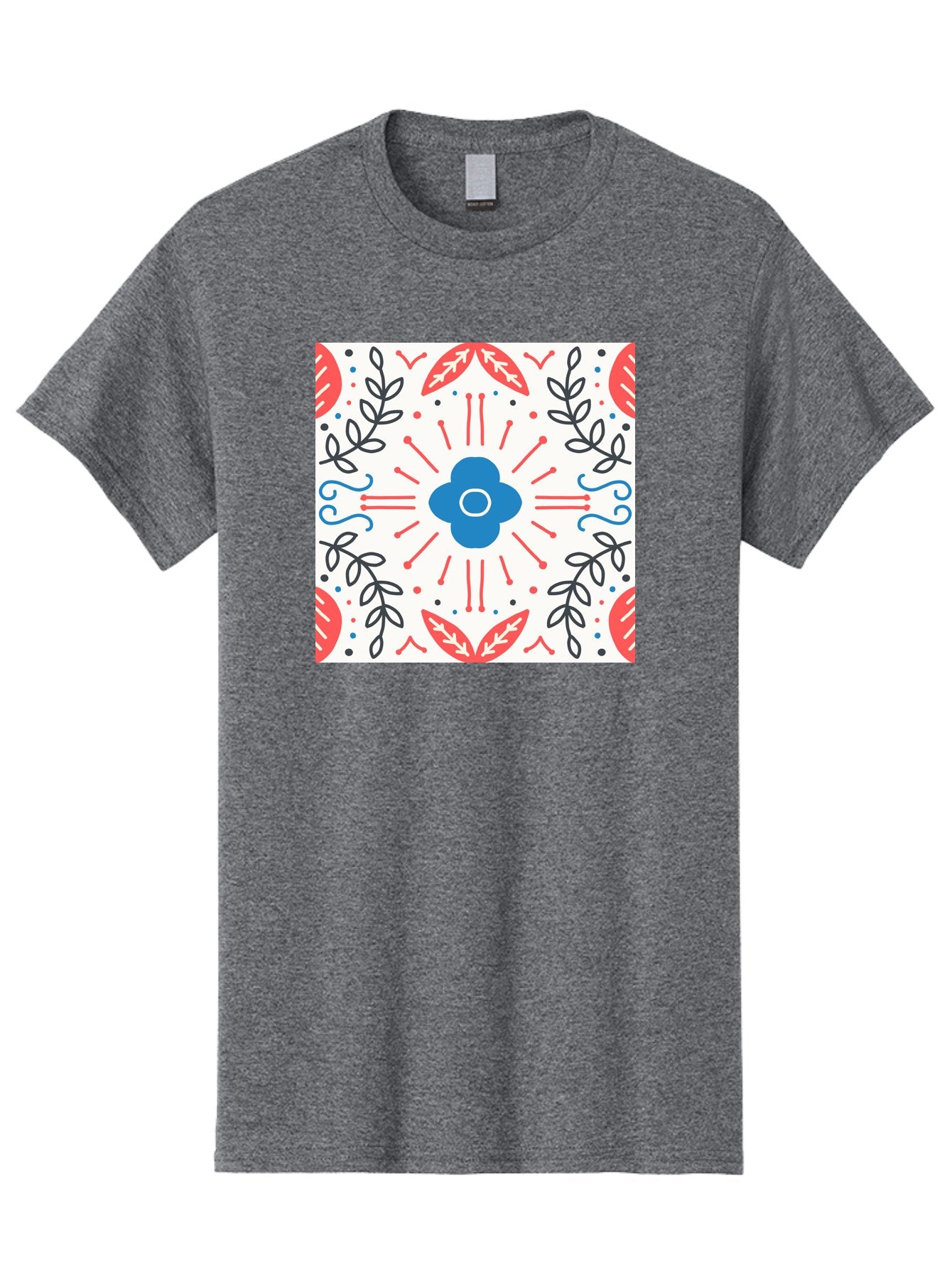 Floral-Pattern-3 Men'S Graphic Tee, 100% Cotton, Comfortable Casual Summer Wear, Machine Washable, Floral Design, Blue Flower, Red And Black Leaves, Abstract Pattern, Symmetrical Composition, Vintage Style, Decorative Elements, Aab713 6