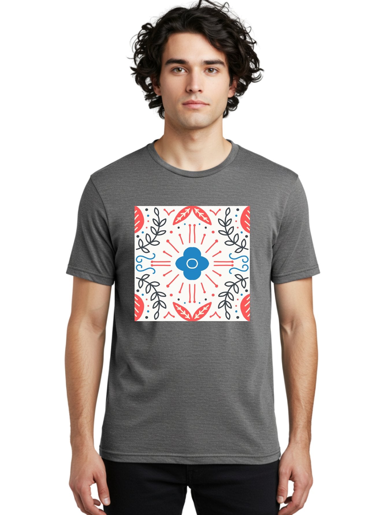 Floral-Pattern-3 Men'S Graphic Tee, 100% Cotton, Comfortable Casual Summer Wear, Machine Washable, Floral Design, Blue Flower, Red And Black Leaves, Abstract Pattern, Symmetrical Composition, Vintage Style, Decorative Elements, Aab713 24