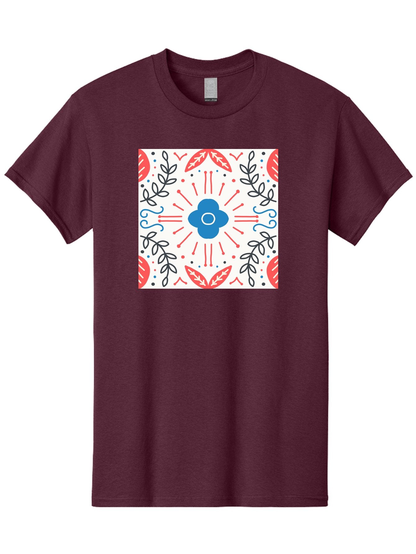 Floral-Pattern-3 Men'S Graphic Tee, 100% Cotton, Comfortable Casual Summer Wear, Machine Washable, Floral Design, Blue Flower, Red And Black Leaves, Abstract Pattern, Symmetrical Composition, Vintage Style, Decorative Elements, Aab713 9