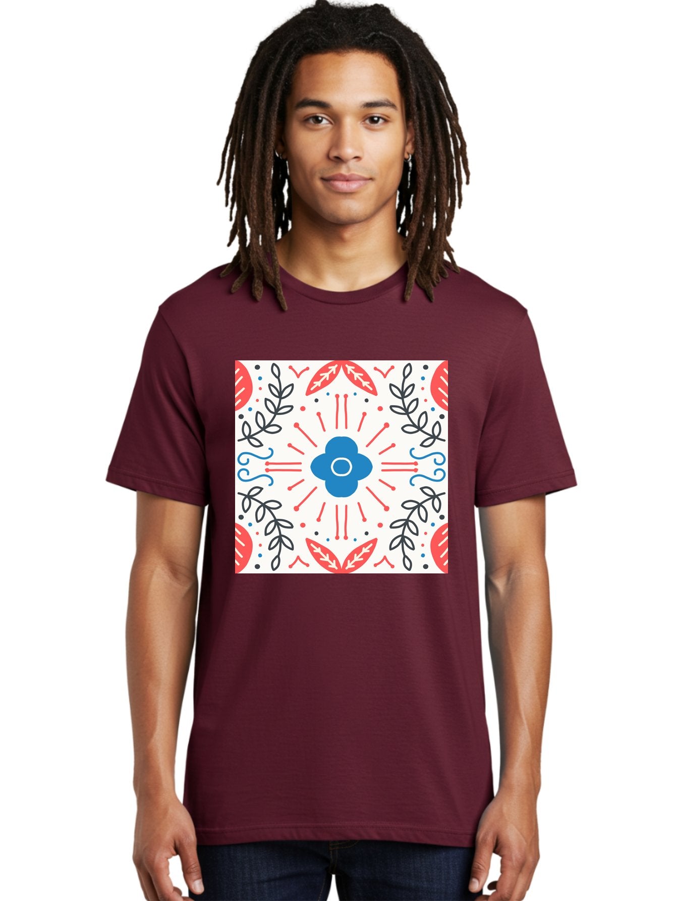 Floral-Pattern-3 Men'S Graphic Tee, 100% Cotton, Comfortable Casual Summer Wear, Machine Washable, Floral Design, Blue Flower, Red And Black Leaves, Abstract Pattern, Symmetrical Composition, Vintage Style, Decorative Elements, Aab713 26
