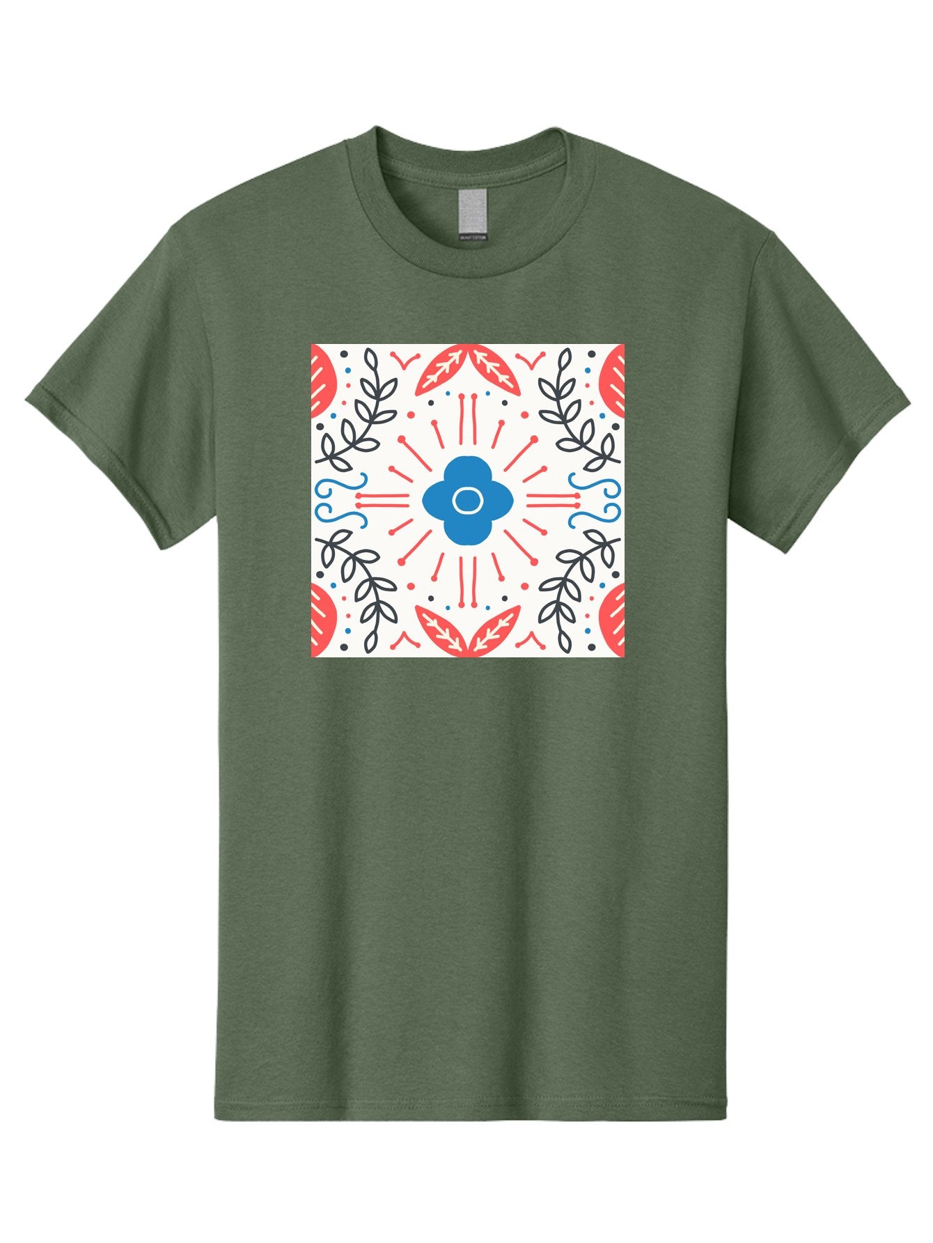 Floral-Pattern-3 Men'S Graphic Tee, 100% Cotton, Comfortable Casual Summer Wear, Machine Washable, Floral Design, Blue Flower, Red And Black Leaves, Abstract Pattern, Symmetrical Composition, Vintage Style, Decorative Elements, Aab713 3