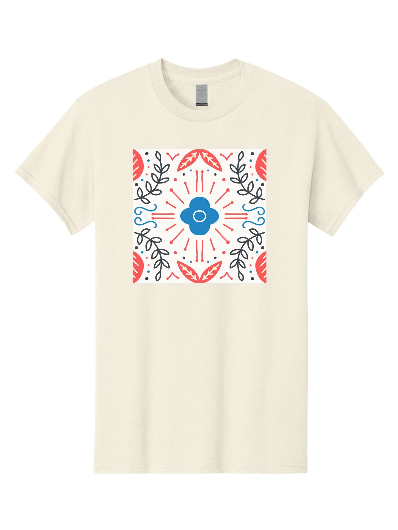 Floral-Pattern-3 Men'S Graphic Tee, 100% Cotton, Comfortable Casual Summer Wear, Machine Washable, Floral Design, Blue Flower, Red And Black Leaves, Abstract Pattern, Symmetrical Composition, Vintage Style, Decorative Elements, Aab713 14