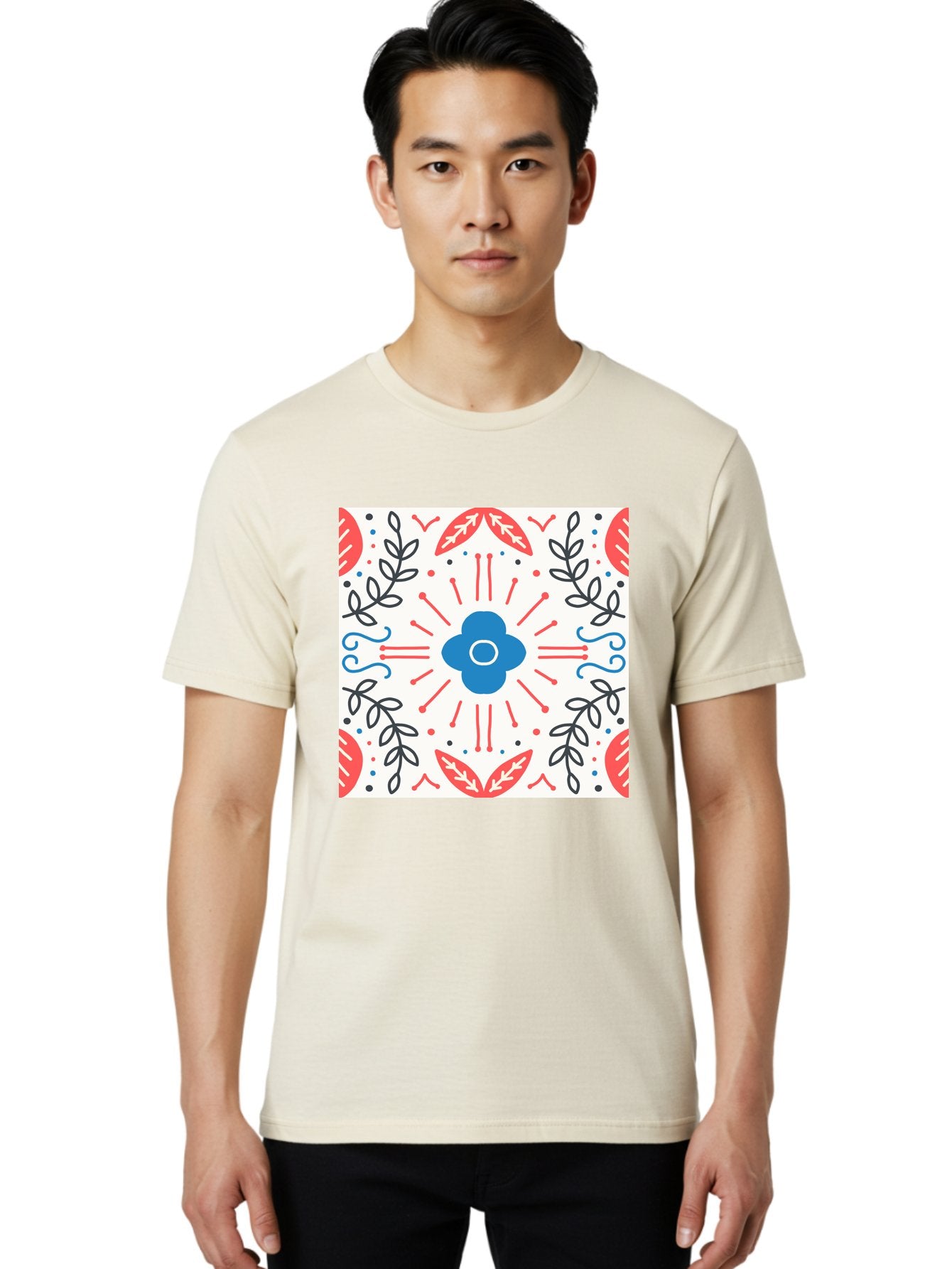 Floral-Pattern-3 Men'S Graphic Tee, 100% Cotton, Comfortable Casual Summer Wear, Machine Washable, Floral Design, Blue Flower, Red And Black Leaves, Abstract Pattern, Symmetrical Composition, Vintage Style, Decorative Elements, Aab713 29