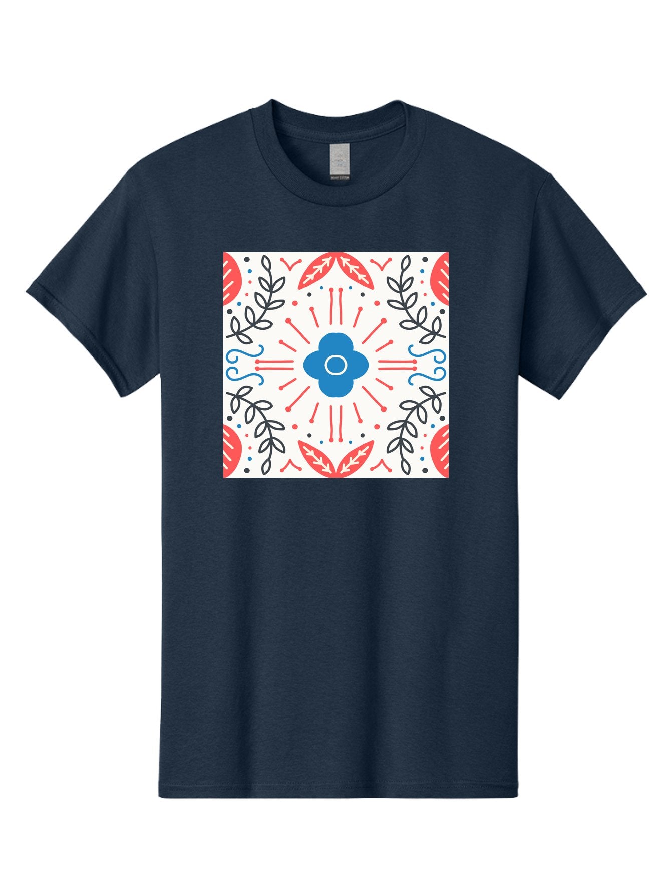 Floral-Pattern-3 Men'S Graphic Tee, 100% Cotton, Comfortable Casual Summer Wear, Machine Washable, Floral Design, Blue Flower, Red And Black Leaves, Abstract Pattern, Symmetrical Composition, Vintage Style, Decorative Elements, Aab713 7