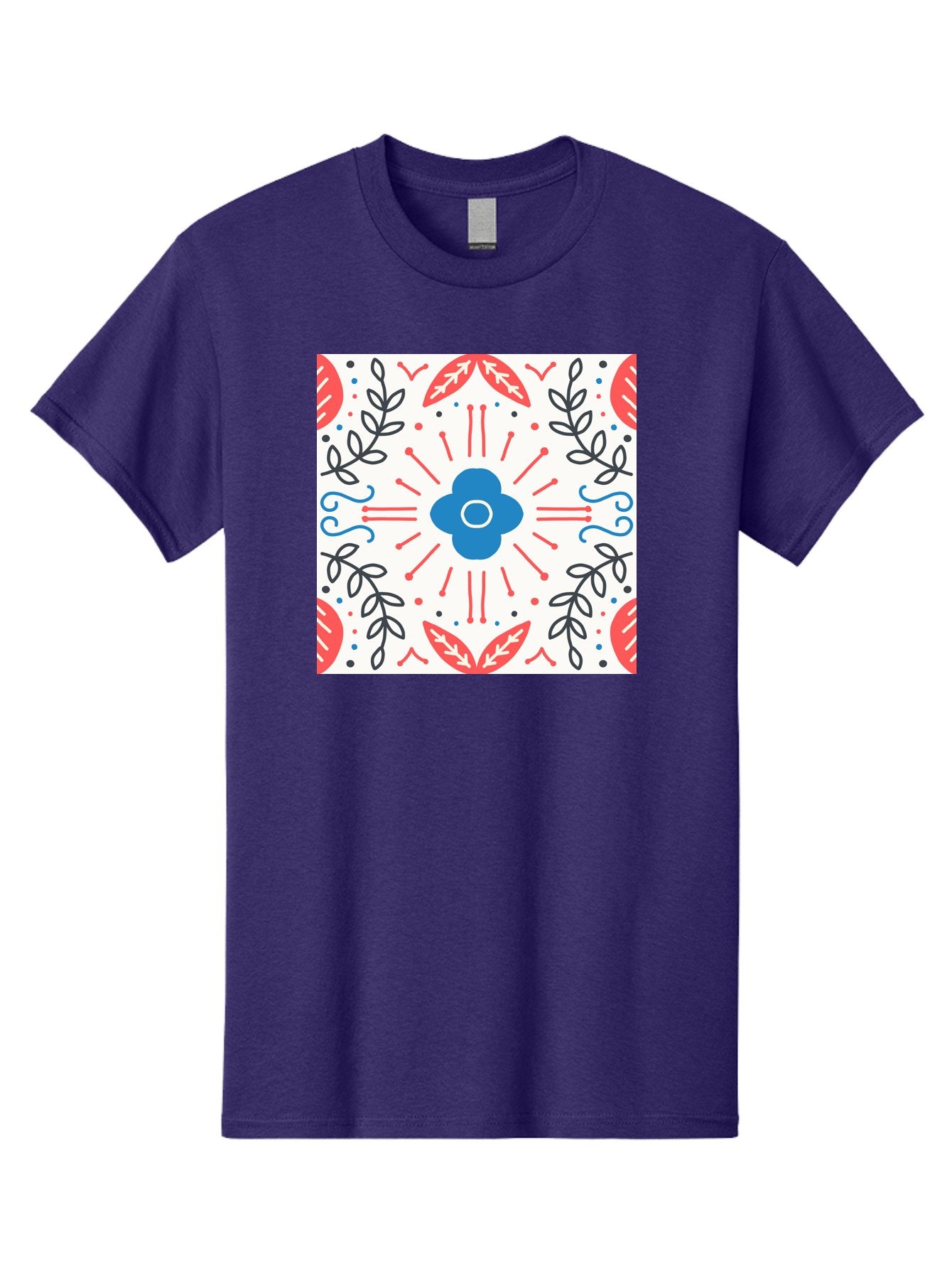 Floral-Pattern-3 Men'S Graphic Tee, 100% Cotton, Comfortable Casual Summer Wear, Machine Washable, Floral Design, Blue Flower, Red And Black Leaves, Abstract Pattern, Symmetrical Composition, Vintage Style, Decorative Elements, Aab713
