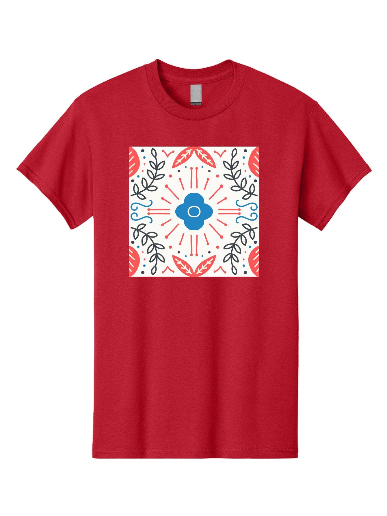 Floral-Pattern-3 Men'S Graphic Tee, 100% Cotton, Comfortable Casual Summer Wear, Machine Washable, Floral Design, Blue Flower, Red And Black Leaves, Abstract Pattern, Symmetrical Composition, Vintage Style, Decorative Elements, Aab713 11