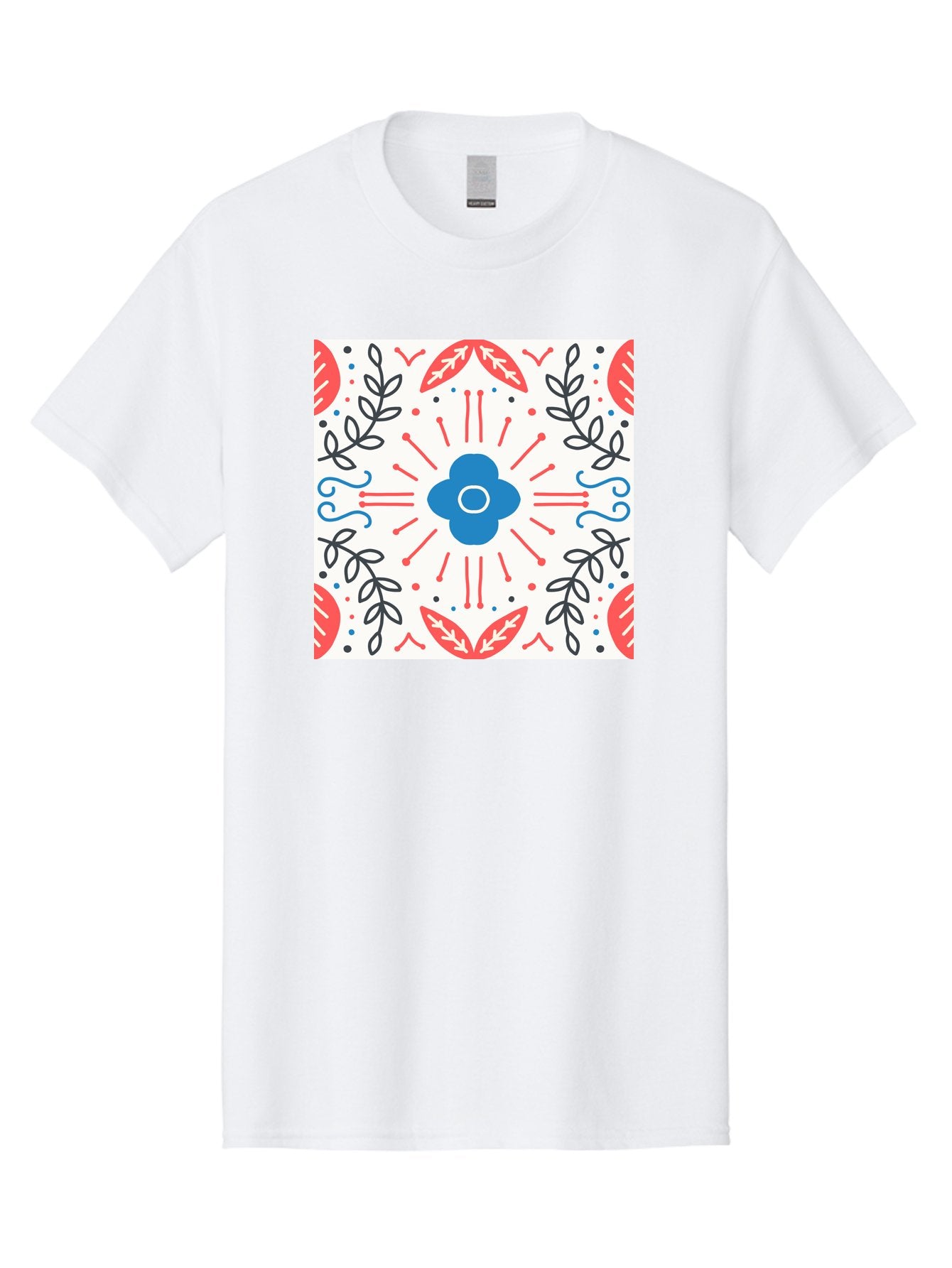 Floral-Pattern-3 Men'S Graphic Tee, 100% Cotton, Comfortable Casual Summer Wear, Machine Washable, Floral Design, Blue Flower, Red And Black Leaves, Abstract Pattern, Symmetrical Composition, Vintage Style, Decorative Elements, Aab713