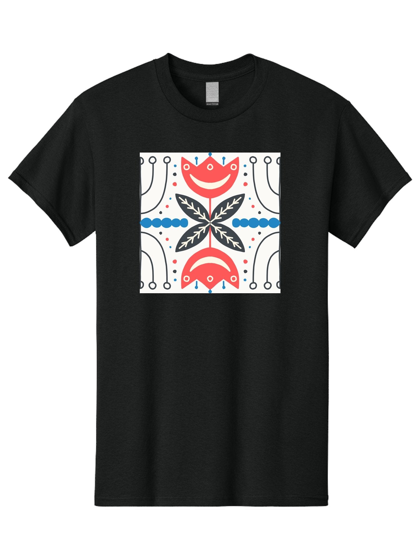 Floral-Pattern-4 Men'S Graphic Tee, 100% Cotton, Comfortable Casual Summer Wear, Machine Washable, Abstract Floral Design, Symmetrical Pattern, Red And Black Petals, White Accents, Blue Dots, Minimalist Style, Modern Graphic, Aab714 6