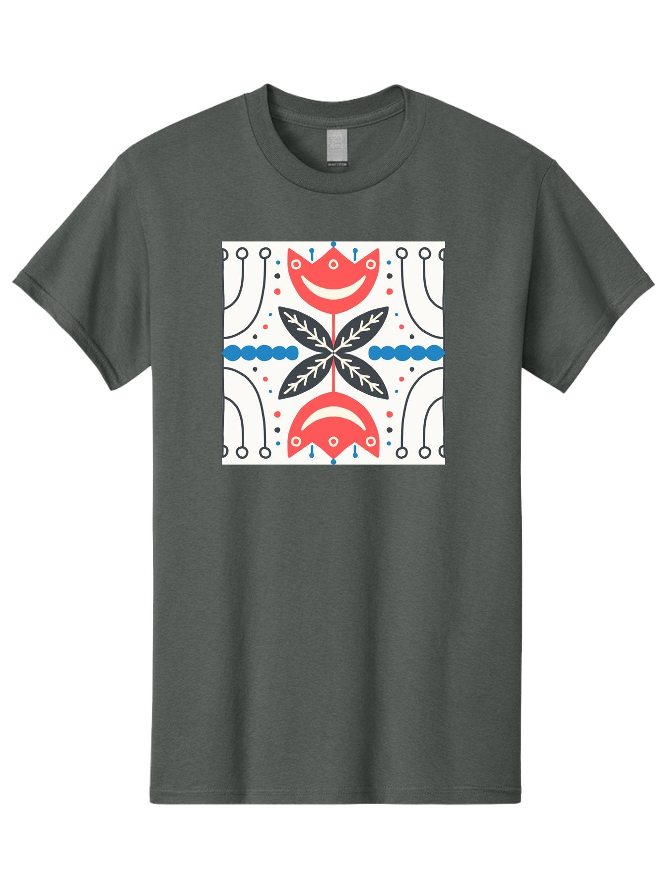 Floral-Pattern-4 Men'S Graphic Tee, 100% Cotton, Comfortable Casual Summer Wear, Machine Washable, Abstract Floral Design, Symmetrical Pattern, Red And Black Petals, White Accents, Blue Dots, Minimalist Style, Modern Graphic, Aab714