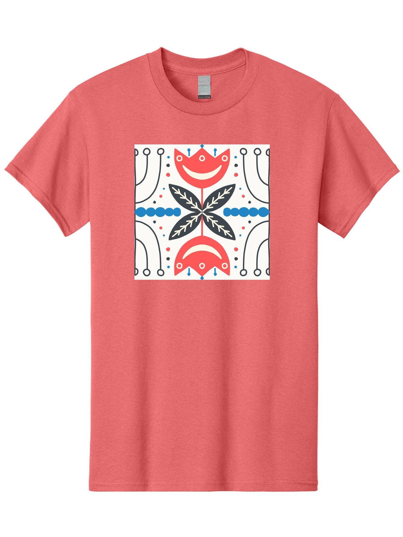 Floral-Pattern-4 Men'S Graphic Tee, 100% Cotton, Comfortable Casual Summer Wear, Machine Washable, Abstract Floral Design, Symmetrical Pattern, Red And Black Petals, White Accents, Blue Dots, Minimalist Style, Modern Graphic, Aab714 4