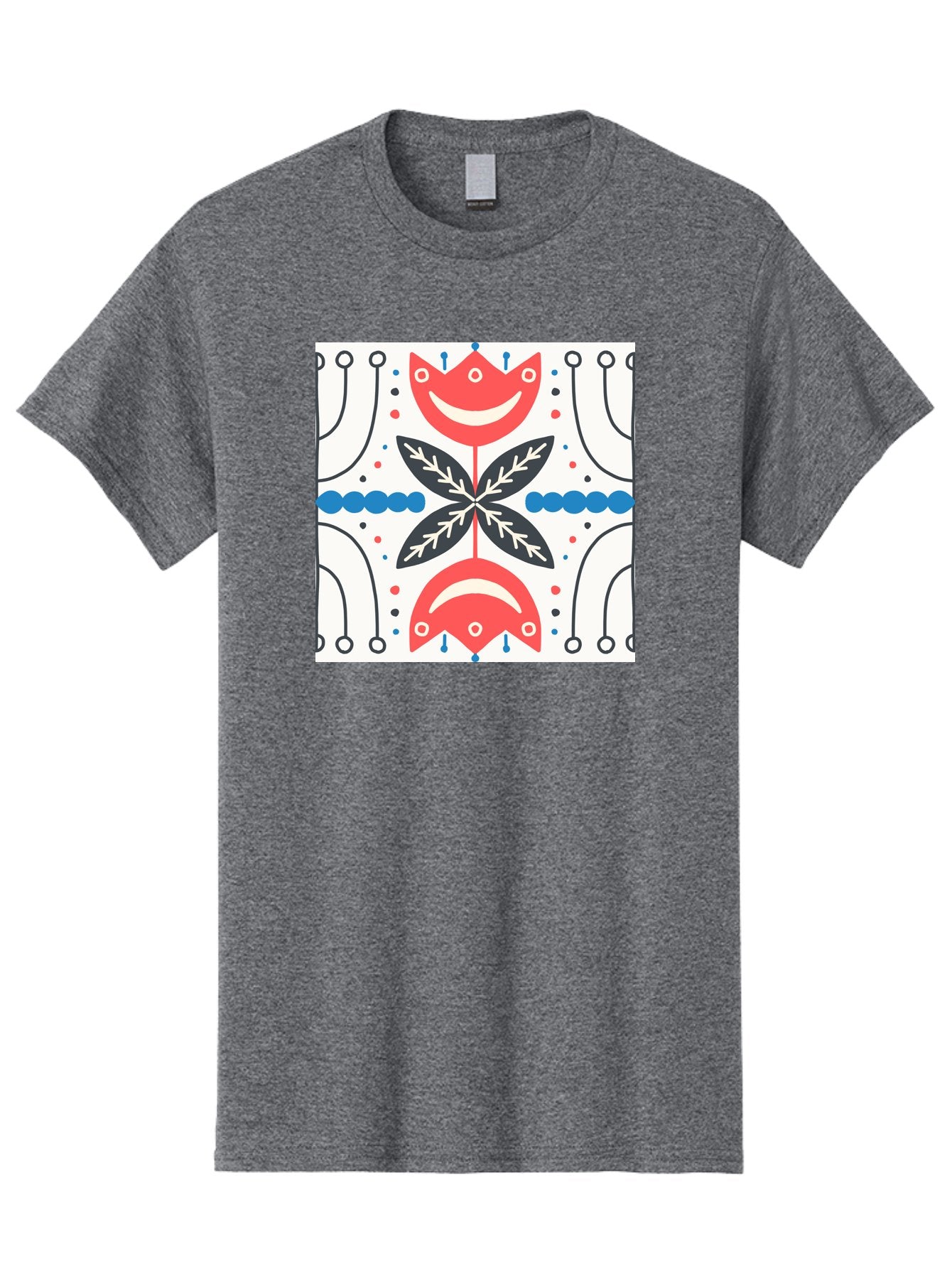 Floral-Pattern-4 Men'S Graphic Tee, 100% Cotton, Comfortable Casual Summer Wear, Machine Washable, Abstract Floral Design, Symmetrical Pattern, Red And Black Petals, White Accents, Blue Dots, Minimalist Style, Modern Graphic, Aab714 3