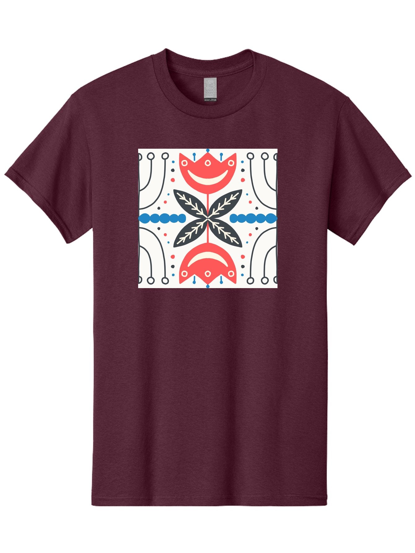Floral-Pattern-4 Men'S Graphic Tee, 100% Cotton, Comfortable Casual Summer Wear, Machine Washable, Abstract Floral Design, Symmetrical Pattern, Red And Black Petals, White Accents, Blue Dots, Minimalist Style, Modern Graphic, Aab714 15