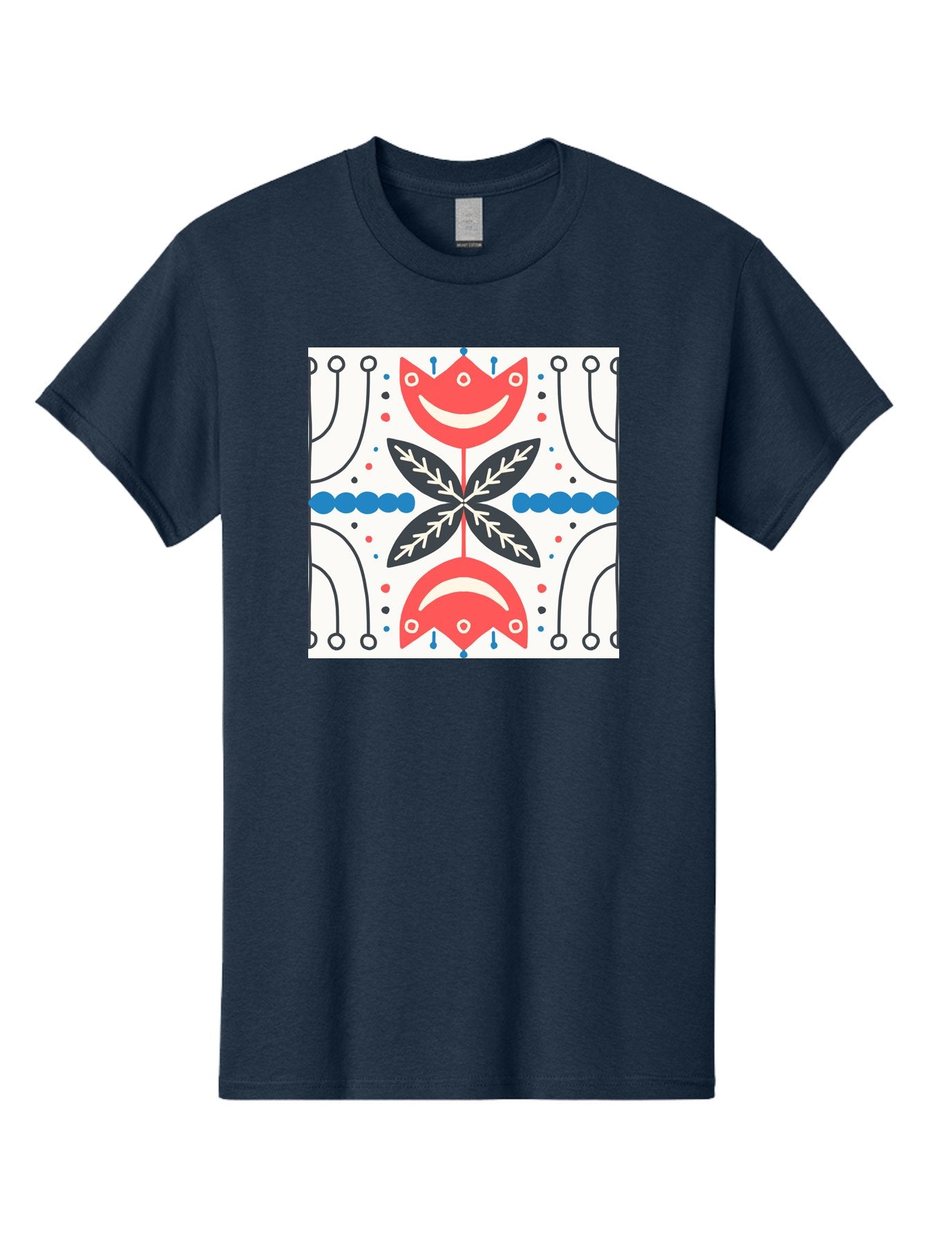 Floral-Pattern-4 Men'S Graphic Tee, 100% Cotton, Comfortable Casual Summer Wear, Machine Washable, Abstract Floral Design, Symmetrical Pattern, Red And Black Petals, White Accents, Blue Dots, Minimalist Style, Modern Graphic, Aab714 8