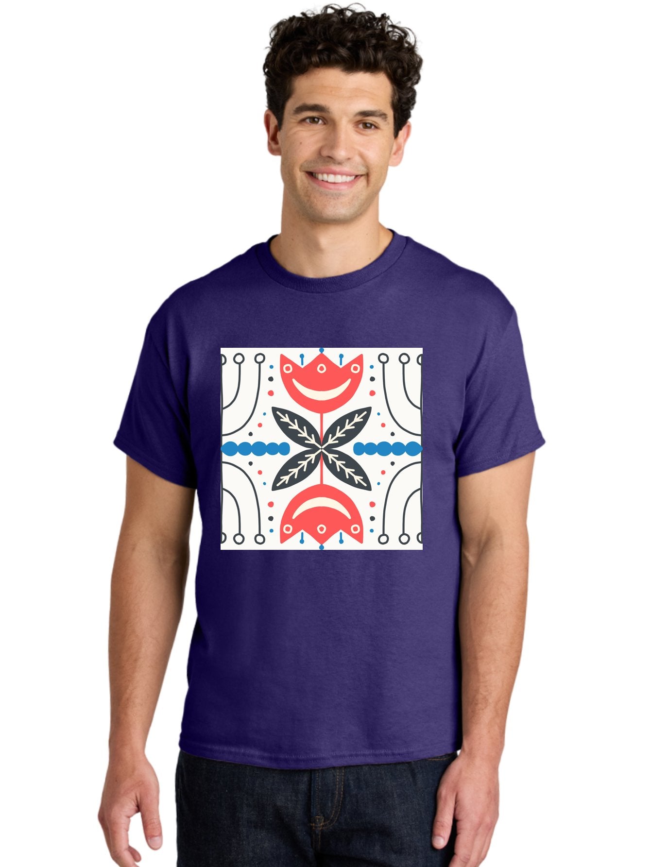 Floral-Pattern-4 Men'S Graphic Tee, 100% Cotton, Comfortable Casual Summer Wear, Machine Washable, Abstract Floral Design, Symmetrical Pattern, Red And Black Petals, White Accents, Blue Dots, Minimalist Style, Modern Graphic, Aab714 28