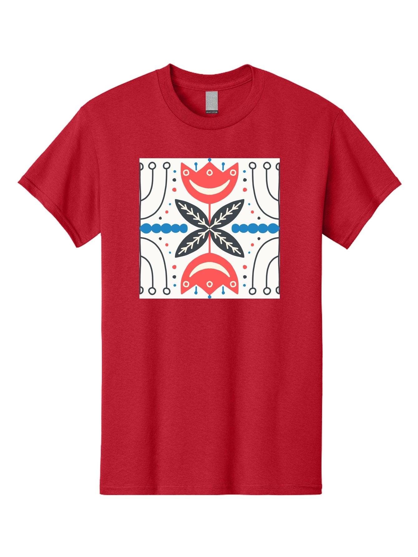 Floral-Pattern-4 Men'S Graphic Tee, 100% Cotton, Comfortable Casual Summer Wear, Machine Washable, Abstract Floral Design, Symmetrical Pattern, Red And Black Petals, White Accents, Blue Dots, Minimalist Style, Modern Graphic, Aab714 14