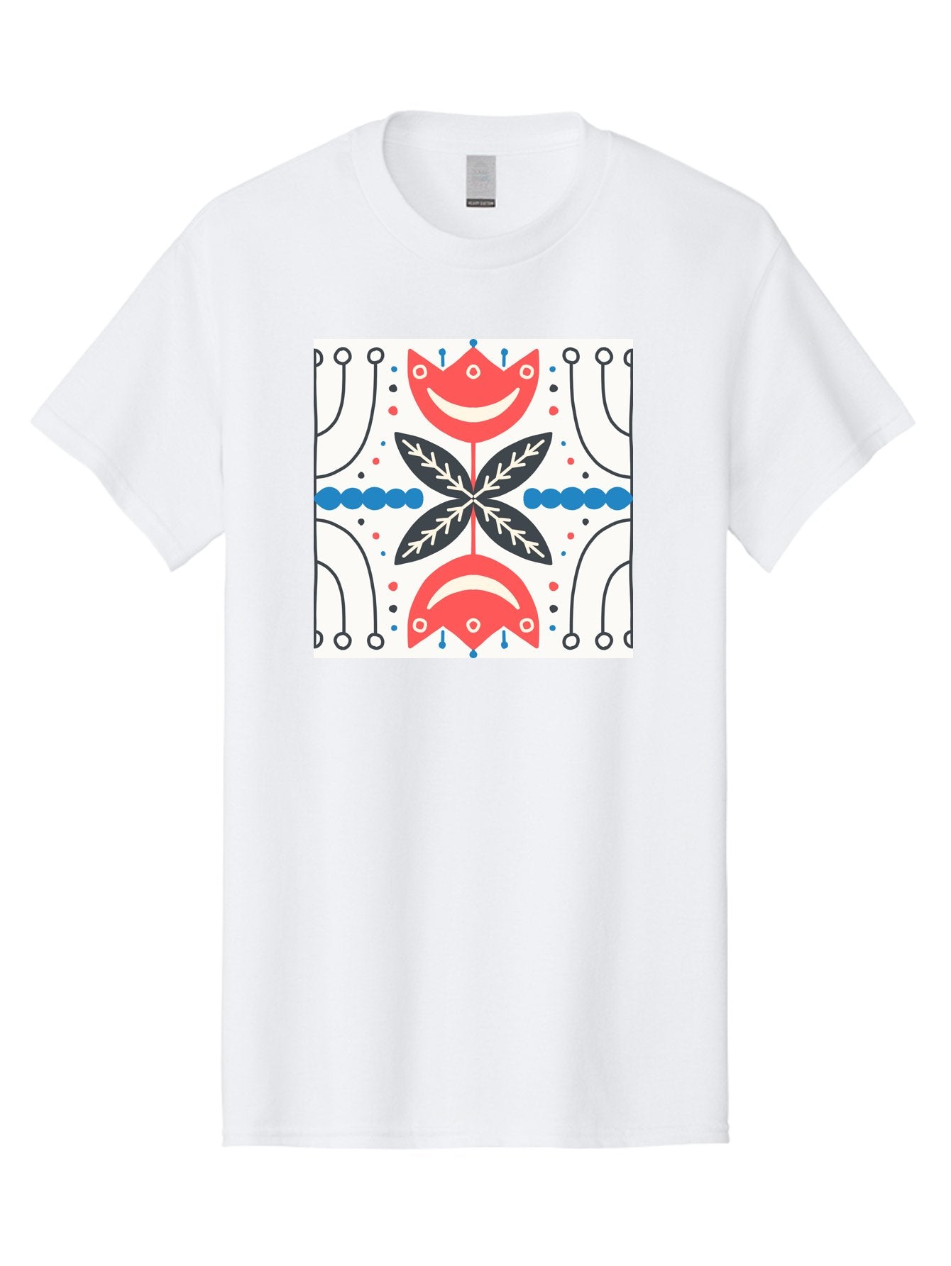 Floral-Pattern-4 Men'S Graphic Tee, 100% Cotton, Comfortable Casual Summer Wear, Machine Washable, Abstract Floral Design, Symmetrical Pattern, Red And Black Petals, White Accents, Blue Dots, Minimalist Style, Modern Graphic, Aab714 5