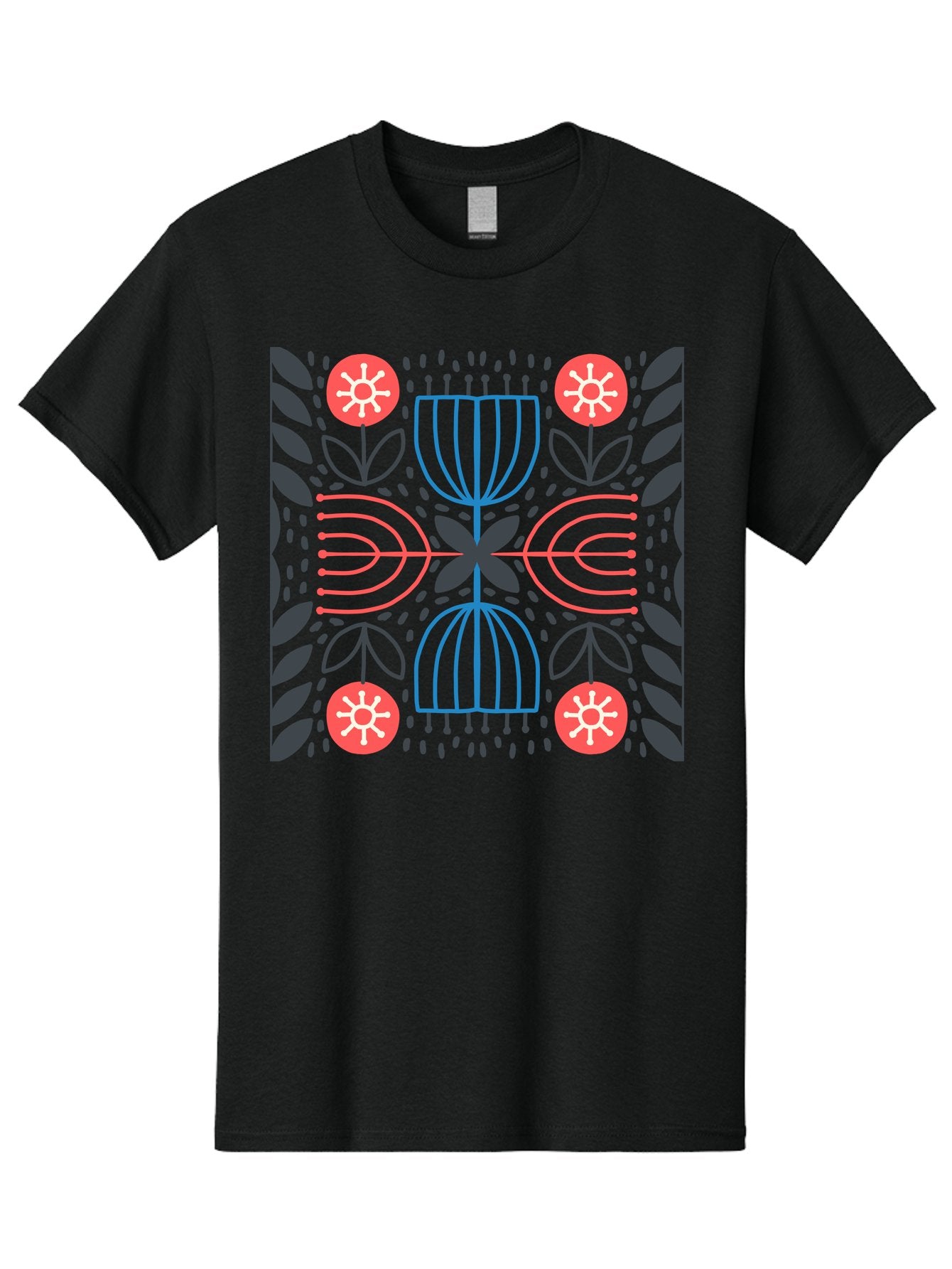 Floral-Pattern-5 Men'S Graphic Tee, 100% Cotton, Comfortable Casual Summer Wear, Machine Washable, Abstract Floral Pattern, Symmetrical Design, Red Flowers, White Centers, Blue And Pink Lines, Black Leaves, Geometric Shapes, Modern Art, Aab715 6