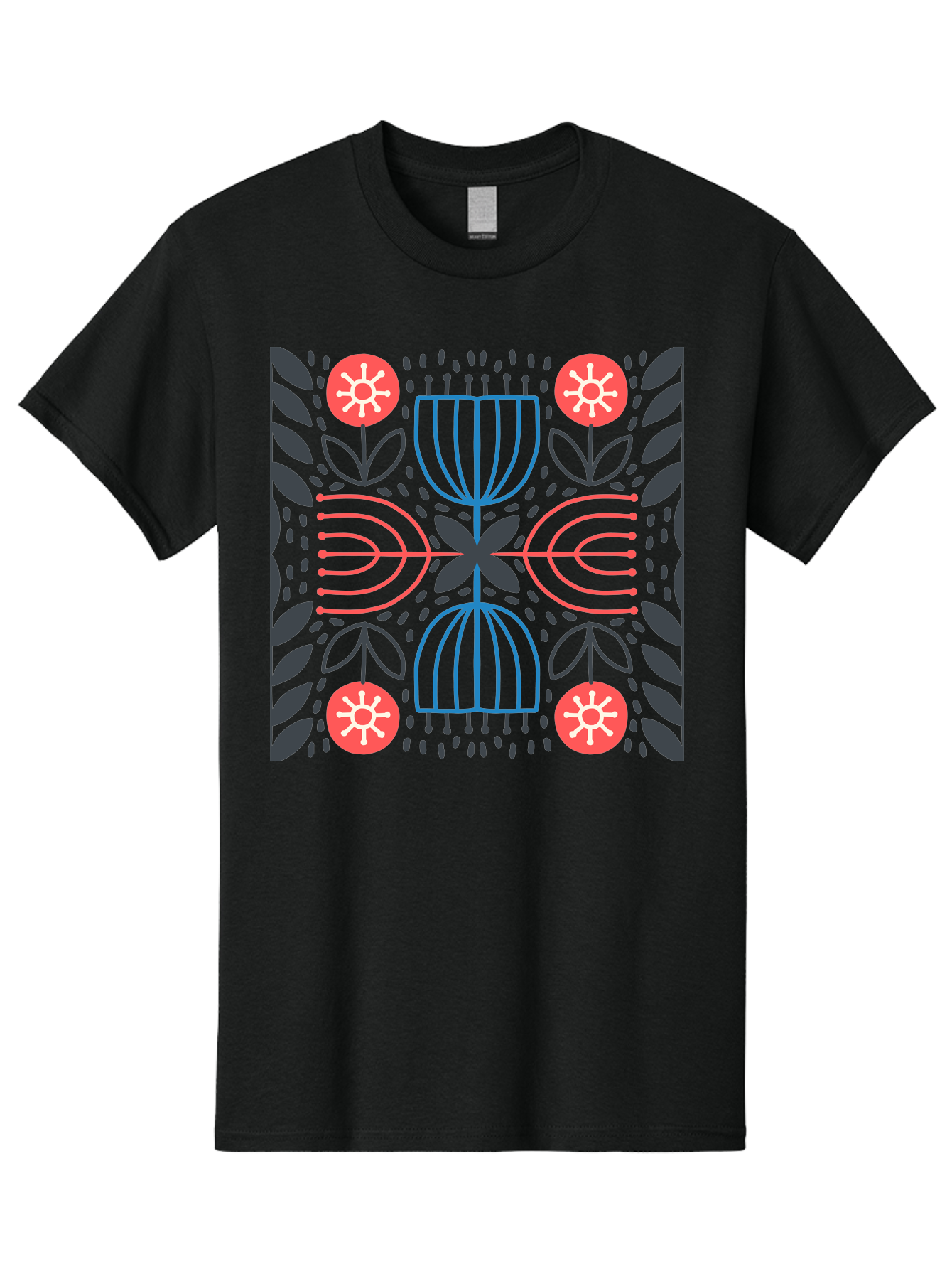 Floral-Pattern-5 Men'S Graphic Tee, 100% Cotton, Comfortable Casual Summer Wear, Machine Washable, Abstract Floral Pattern, Symmetrical Design, Red Flowers, White Centers, Blue And Pink Lines, Black Leaves, Geometric Shapes, Modern Art, Aab715 13