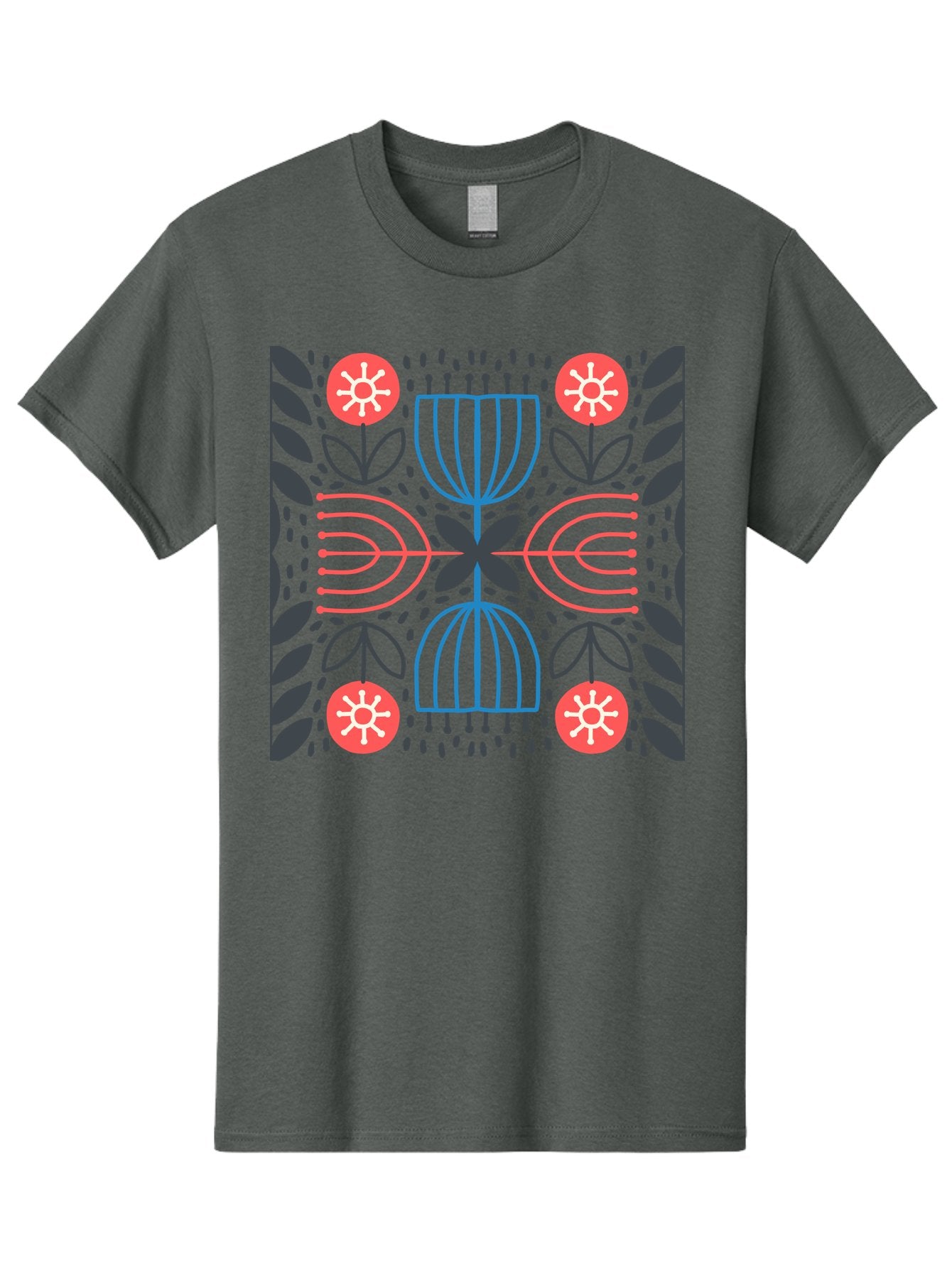 Floral-Pattern-5 Men'S Graphic Tee, 100% Cotton, Comfortable Casual Summer Wear, Machine Washable, Abstract Floral Pattern, Symmetrical Design, Red Flowers, White Centers, Blue And Pink Lines, Black Leaves, Geometric Shapes, Modern Art, Aab715 11
