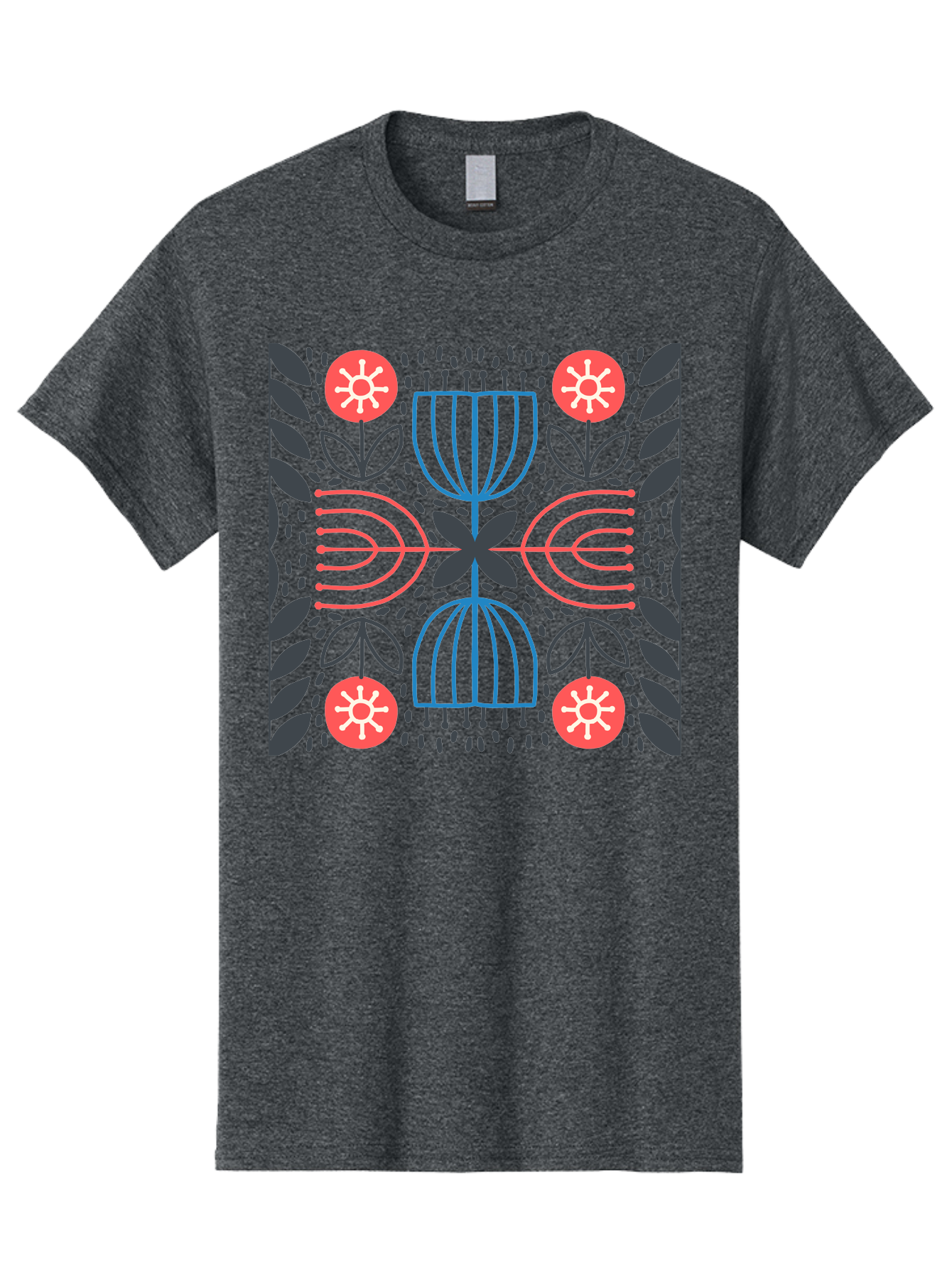 Floral-Pattern-5 Men'S Graphic Tee, 100% Cotton, Comfortable Casual Summer Wear, Machine Washable, Abstract Floral Pattern, Symmetrical Design, Red Flowers, White Centers, Blue And Pink Lines, Black Leaves, Geometric Shapes, Modern Art, Aab715 5