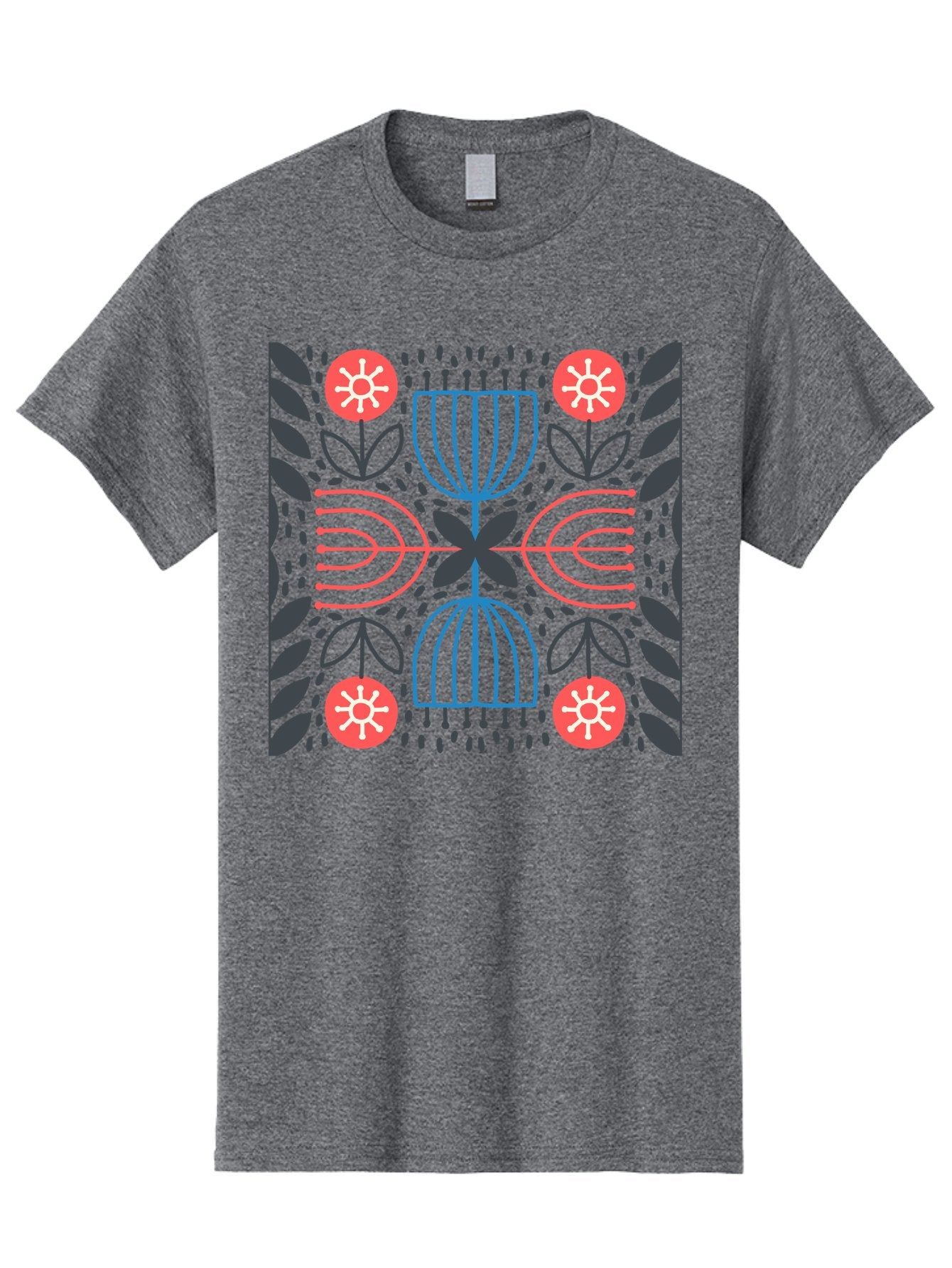 Floral-Pattern-5 Men'S Graphic Tee, 100% Cotton, Comfortable Casual Summer Wear, Machine Washable, Abstract Floral Pattern, Symmetrical Design, Red Flowers, White Centers, Blue And Pink Lines, Black Leaves, Geometric Shapes, Modern Art, Aab715 9