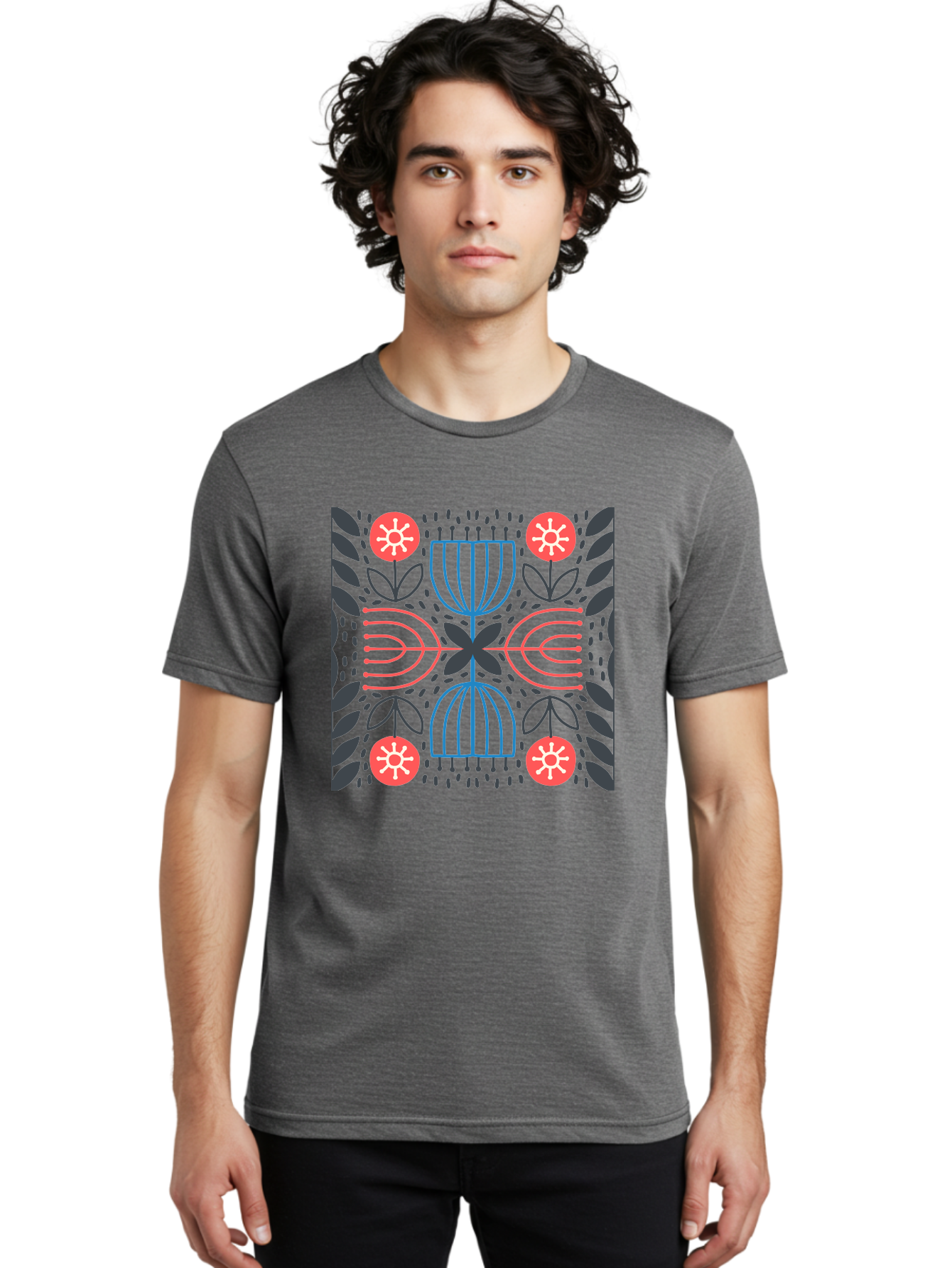 Floral-Pattern-5 Men'S Graphic Tee, 100% Cotton, Comfortable Casual Summer Wear, Machine Washable, Abstract Floral Pattern, Symmetrical Design, Red Flowers, White Centers, Blue And Pink Lines, Black Leaves, Geometric Shapes, Modern Art, Aab715 10