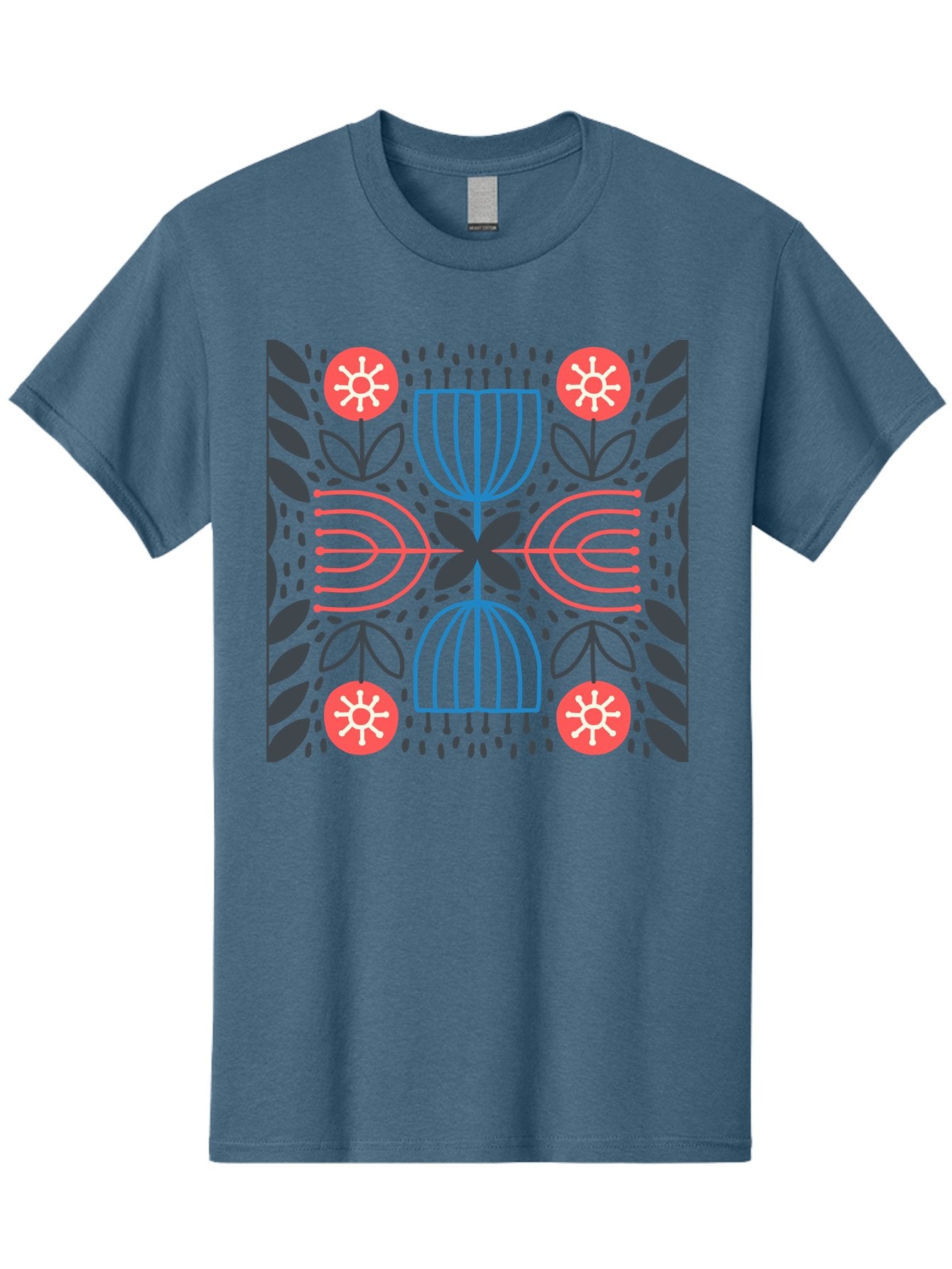 Floral-Pattern-5 Men'S Graphic Tee, 100% Cotton, Comfortable Casual Summer Wear, Machine Washable, Abstract Floral Pattern, Symmetrical Design, Red Flowers, White Centers, Blue And Pink Lines, Black Leaves, Geometric Shapes, Modern Art, Aab715 13