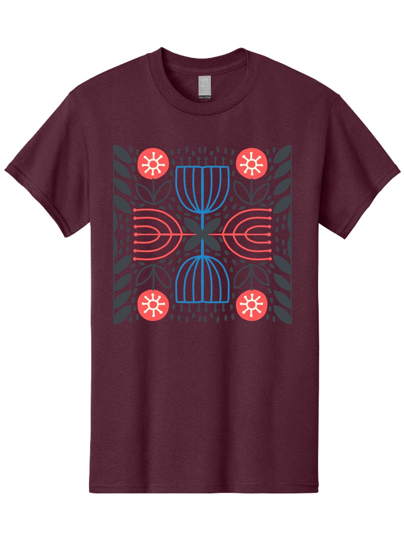 Floral-Pattern-5 Men'S Graphic Tee, 100% Cotton, Comfortable Casual Summer Wear, Machine Washable, Abstract Floral Pattern, Symmetrical Design, Red Flowers, White Centers, Blue And Pink Lines, Black Leaves, Geometric Shapes, Modern Art, Aab715
