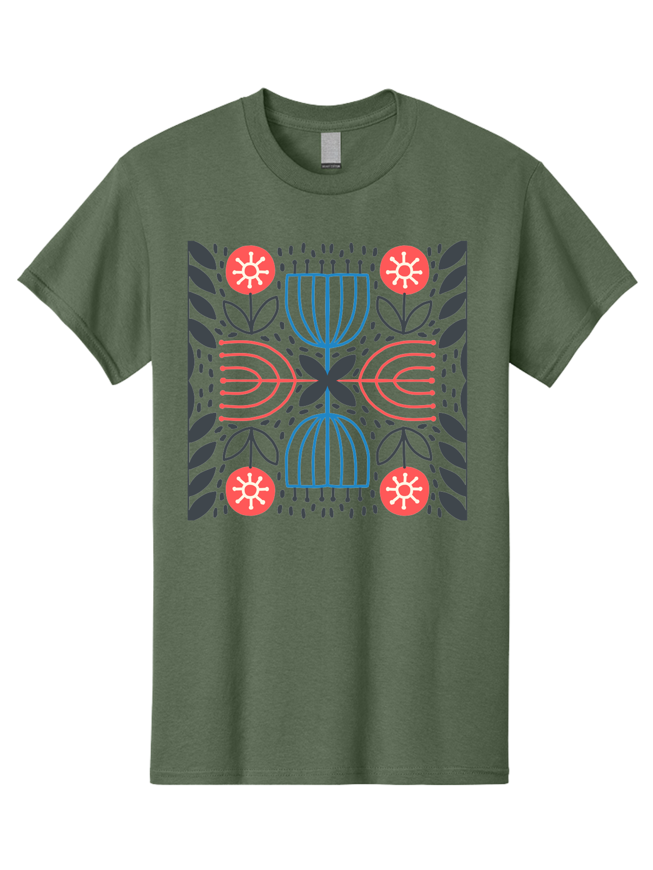 Floral-Pattern-5 Men'S Graphic Tee, 100% Cotton, Comfortable Casual Summer Wear, Machine Washable, Abstract Floral Pattern, Symmetrical Design, Red Flowers, White Centers, Blue And Pink Lines, Black Leaves, Geometric Shapes, Modern Art, Aab715 15