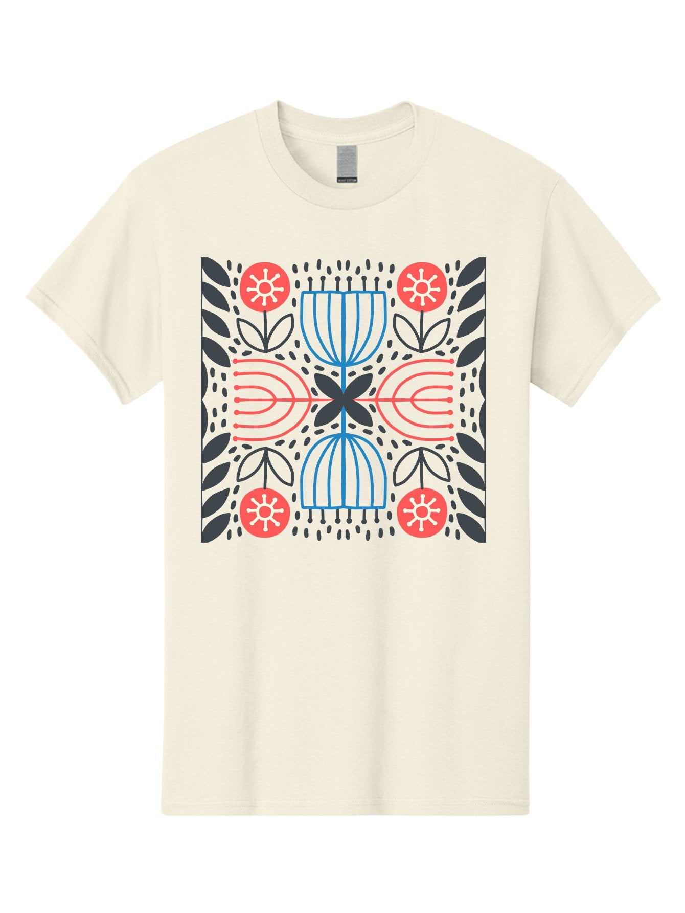 Floral-Pattern-5 Men'S Graphic Tee, 100% Cotton, Comfortable Casual Summer Wear, Machine Washable, Abstract Floral Pattern, Symmetrical Design, Red Flowers, White Centers, Blue And Pink Lines, Black Leaves, Geometric Shapes, Modern Art, Aab715 3