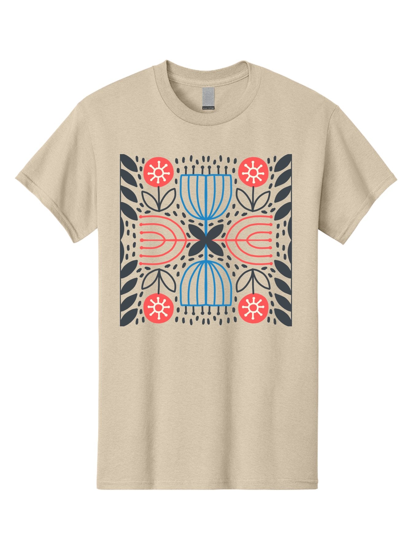 Floral-Pattern-5 Men'S Graphic Tee, 100% Cotton, Comfortable Casual Summer Wear, Machine Washable, Abstract Floral Pattern, Symmetrical Design, Red Flowers, White Centers, Blue And Pink Lines, Black Leaves, Geometric Shapes, Modern Art, Aab715 7