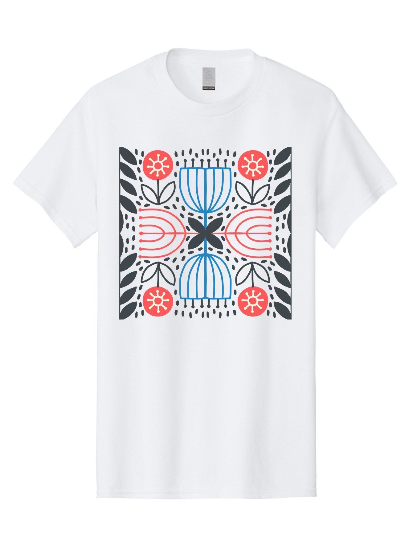 Floral-Pattern-5 Men'S Graphic Tee, 100% Cotton, Comfortable Casual Summer Wear, Machine Washable, Abstract Floral Pattern, Symmetrical Design, Red Flowers, White Centers, Blue And Pink Lines, Black Leaves, Geometric Shapes, Modern Art, Aab715 15